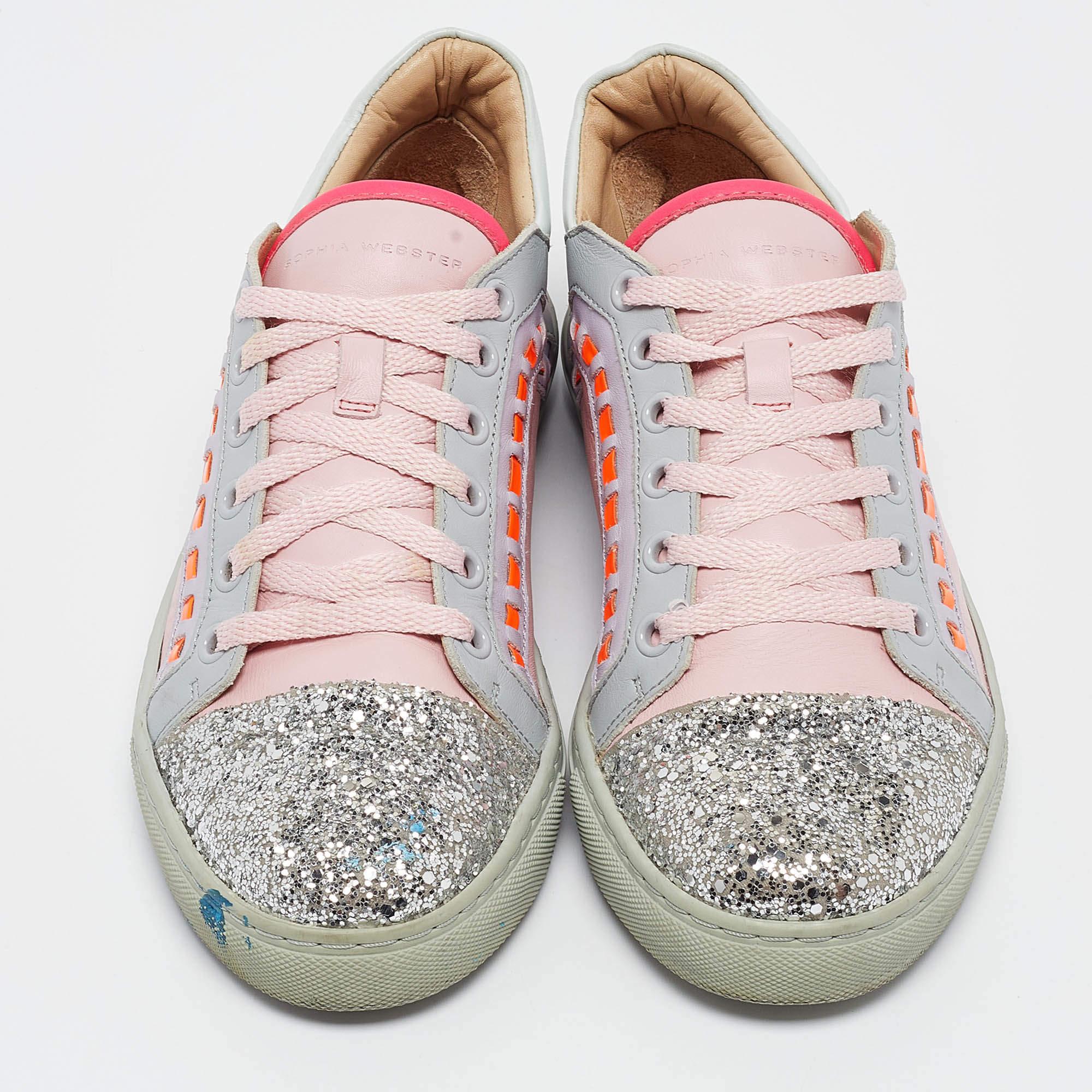 Gray Sophia Webster Multicolor Glitter and Leather Riko Sneakers Size 38.5 For Sale