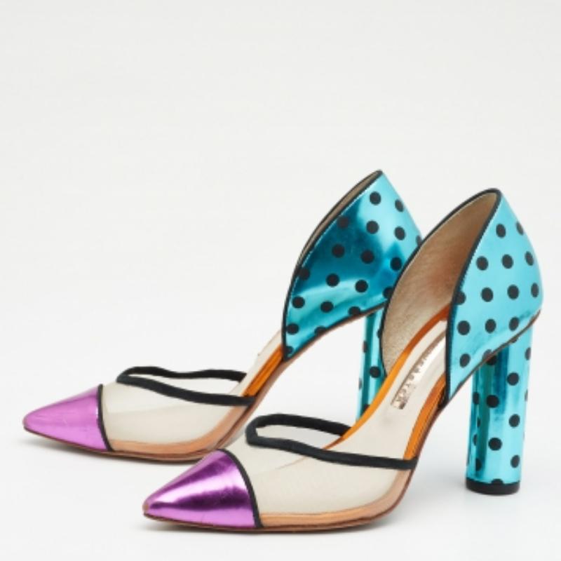 Grab these gorgeous Jessica pumps from Sophia Webster, and walk confidently with elegant grace! Fashioned in multicolored leather and mesh, these pumps are enhanced with pointed toes, a D'orsay cut, and block heels. These pumps will pair well with