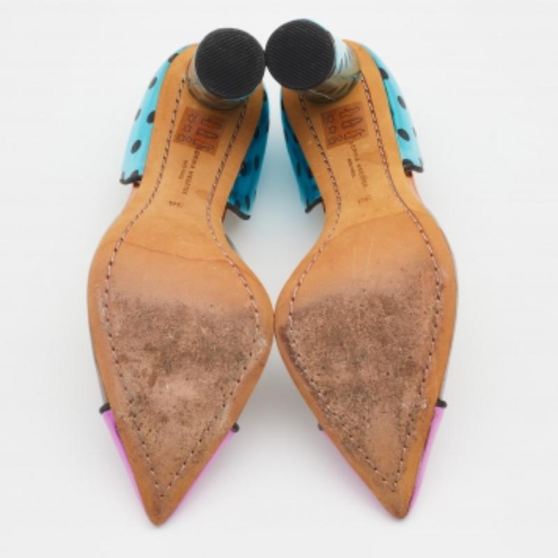 When it comes to quirky designs, Sophia Webster tops our list! These multicolor Jessica pumps are crafted from leather and PVC into an elegant silhouette. They flaunt pointed toes and sturdy block heels. They are complete with comfortable