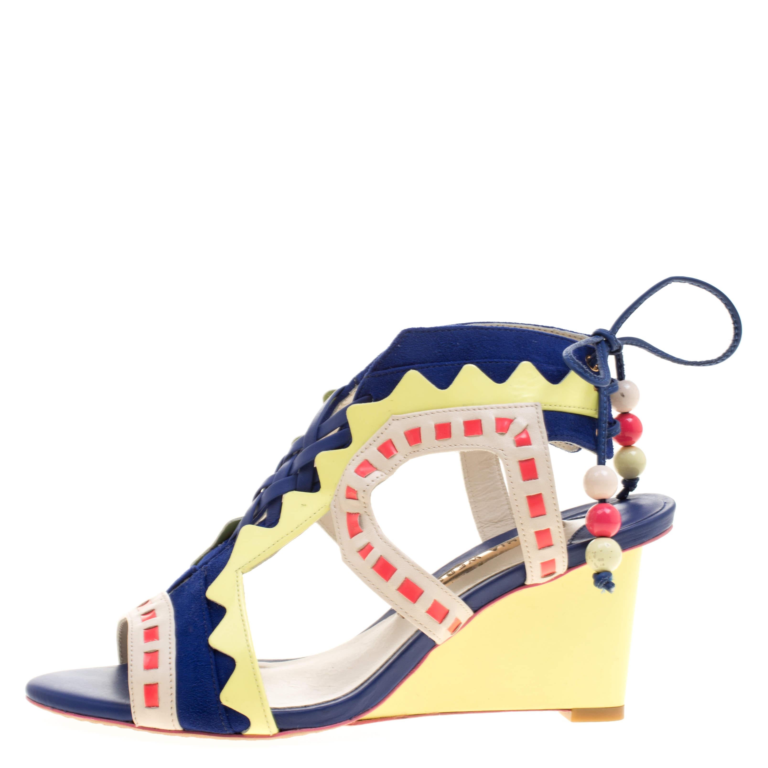 Beige Sophia Webster Multicolor Leather and Suede Raya Wedge Sandals Size 36