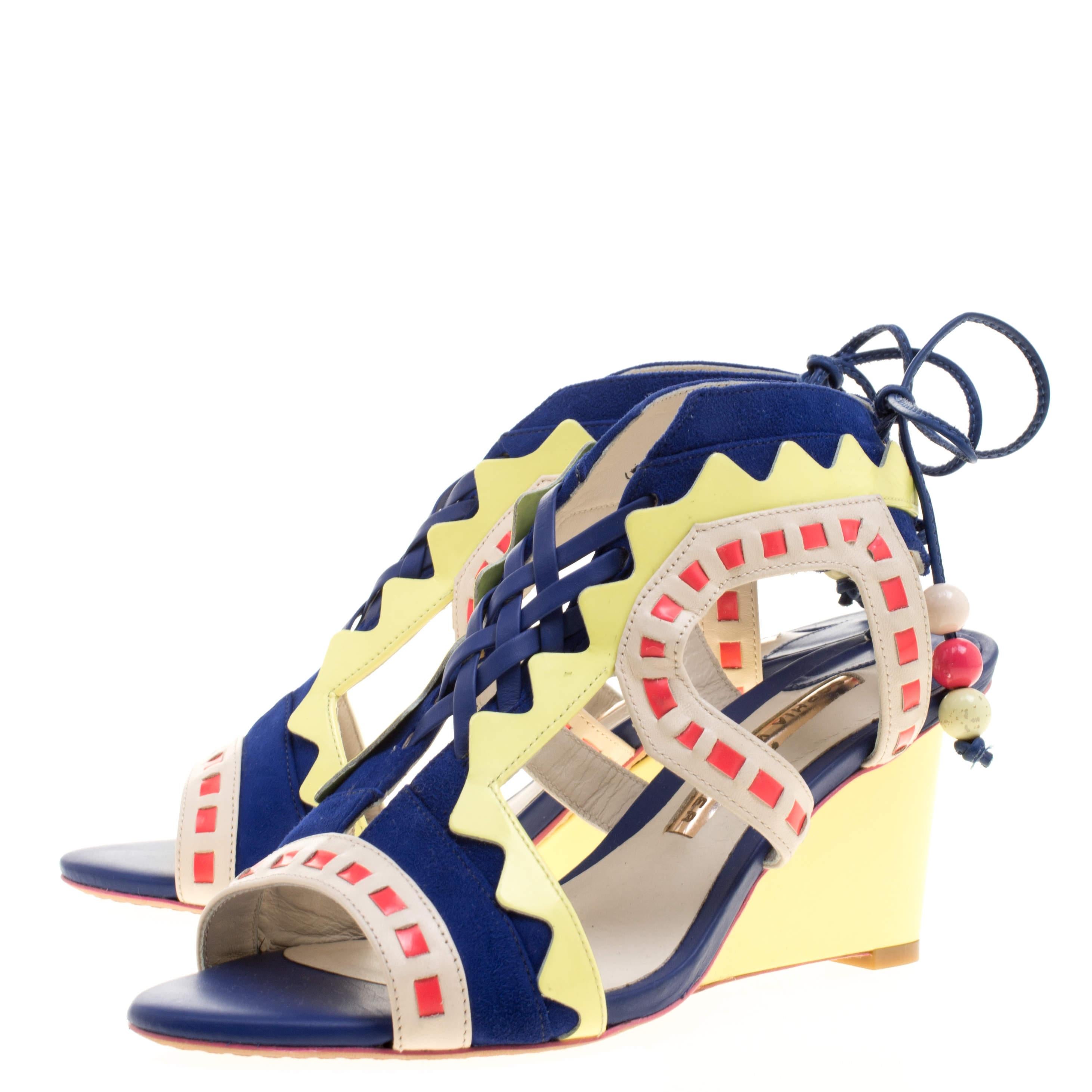 Sophia Webster Multicolor Leather and Suede Raya Wedge Sandals Size 36 In Good Condition In Dubai, Al Qouz 2