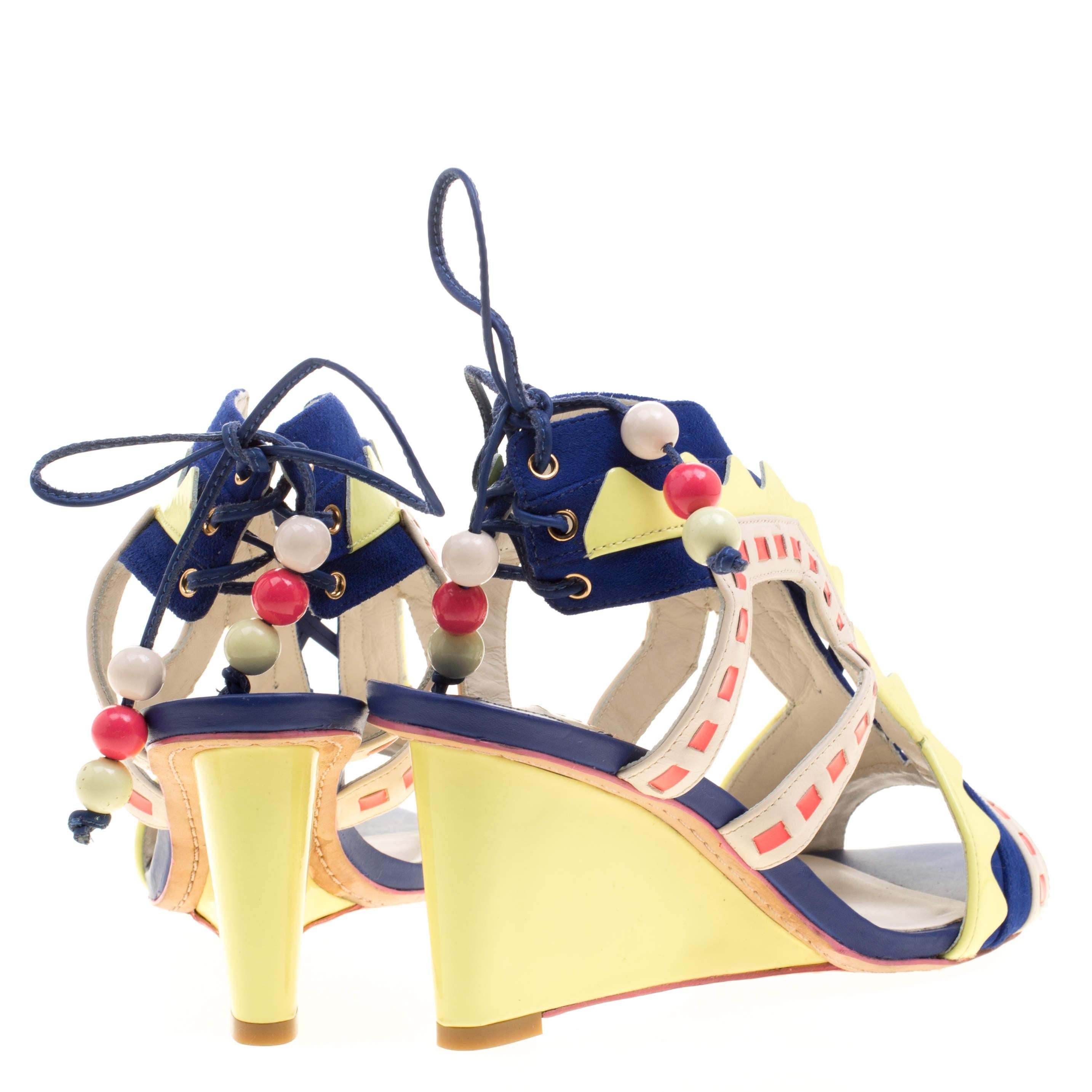 Women's Sophia Webster Multicolor Leather and Suede Raya Wedge Sandals Size 36