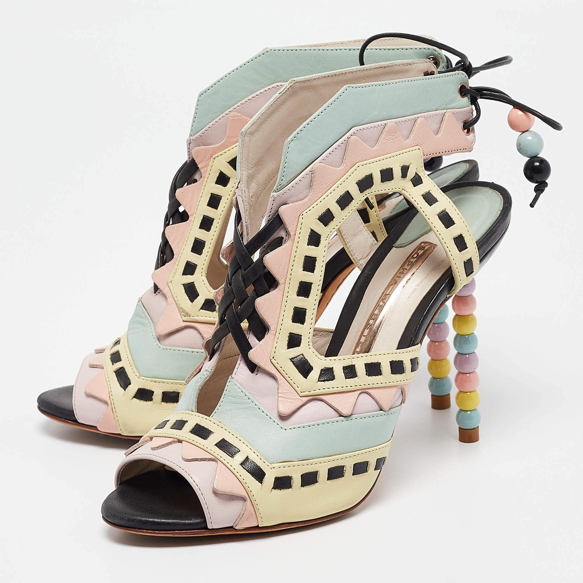 These sandals evidently exhibit the best of Sophia Websters designs. These Riko sandals are crafted from leather. They flaunt multiple colors cut out details open toes and ties at the back. These beauties are elevated with 10.5 cm stiletto heels.