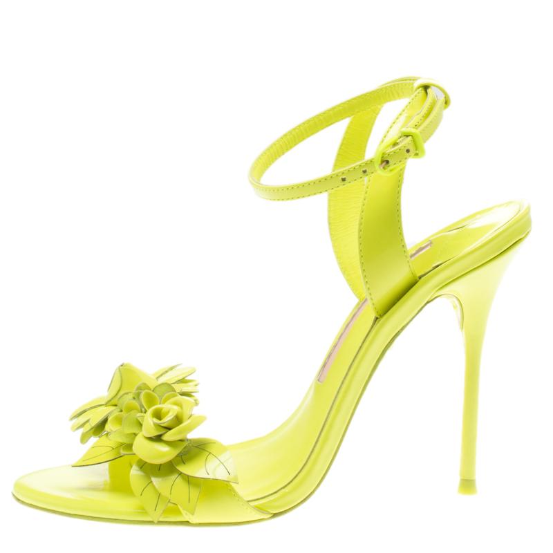 Sophia Webster Neon Green Leather Lilico Floral Ankle Wrap Sandals Size 36.5 In Good Condition In Dubai, Al Qouz 2