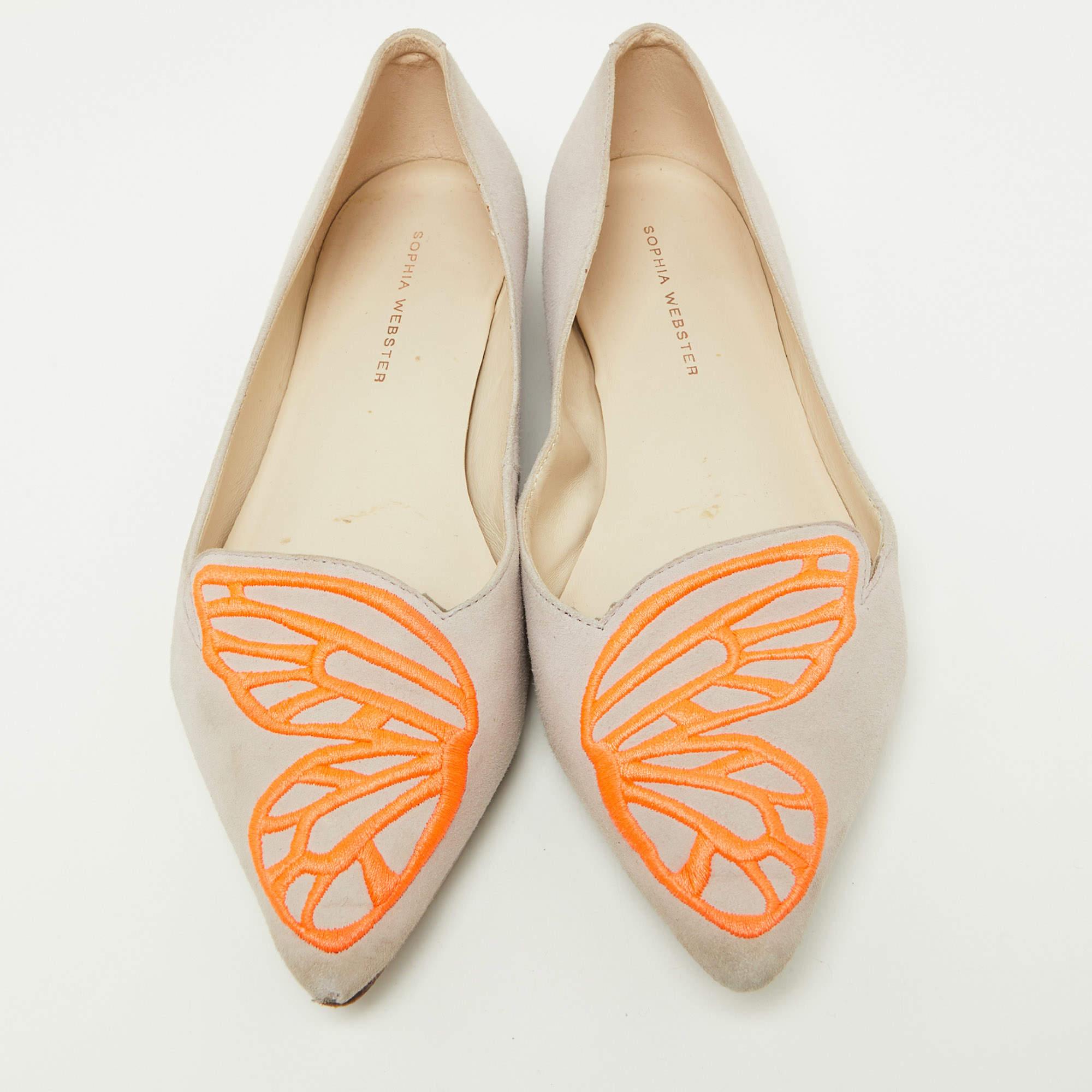Beige Sophia Webster Pink/Orange Suede Bibi Butterfly Pointed Toe Ballet Flats Size 37 For Sale