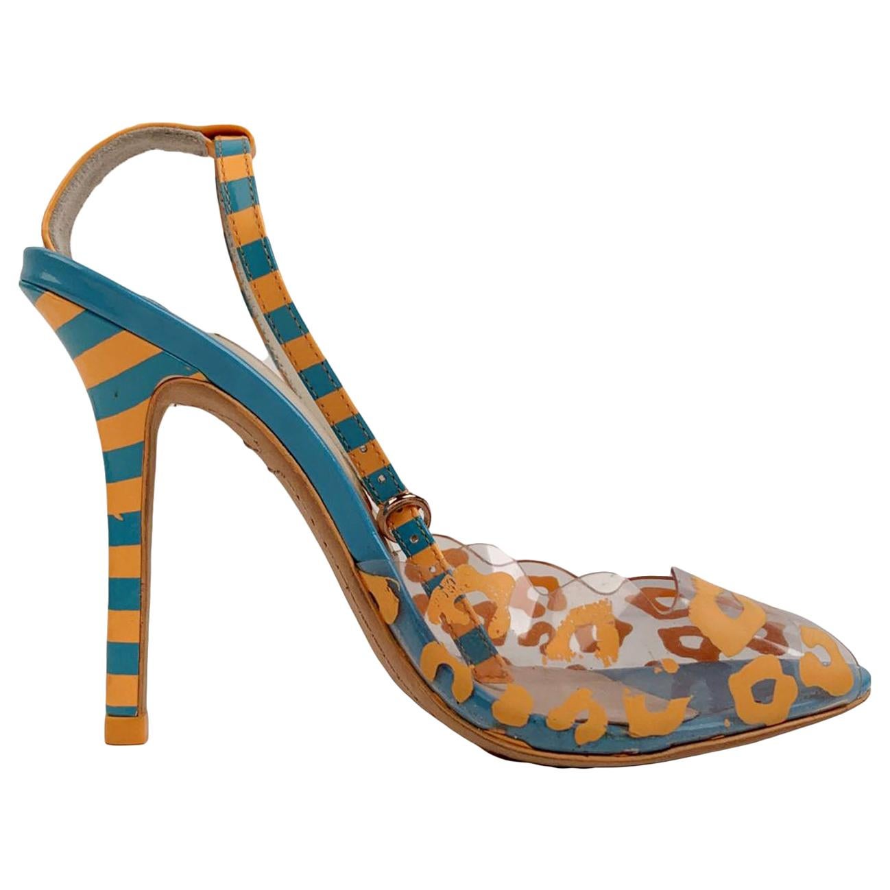 Sophia Webster Plastic Blue and Orange Striped Sandals Shoes Size 35.5