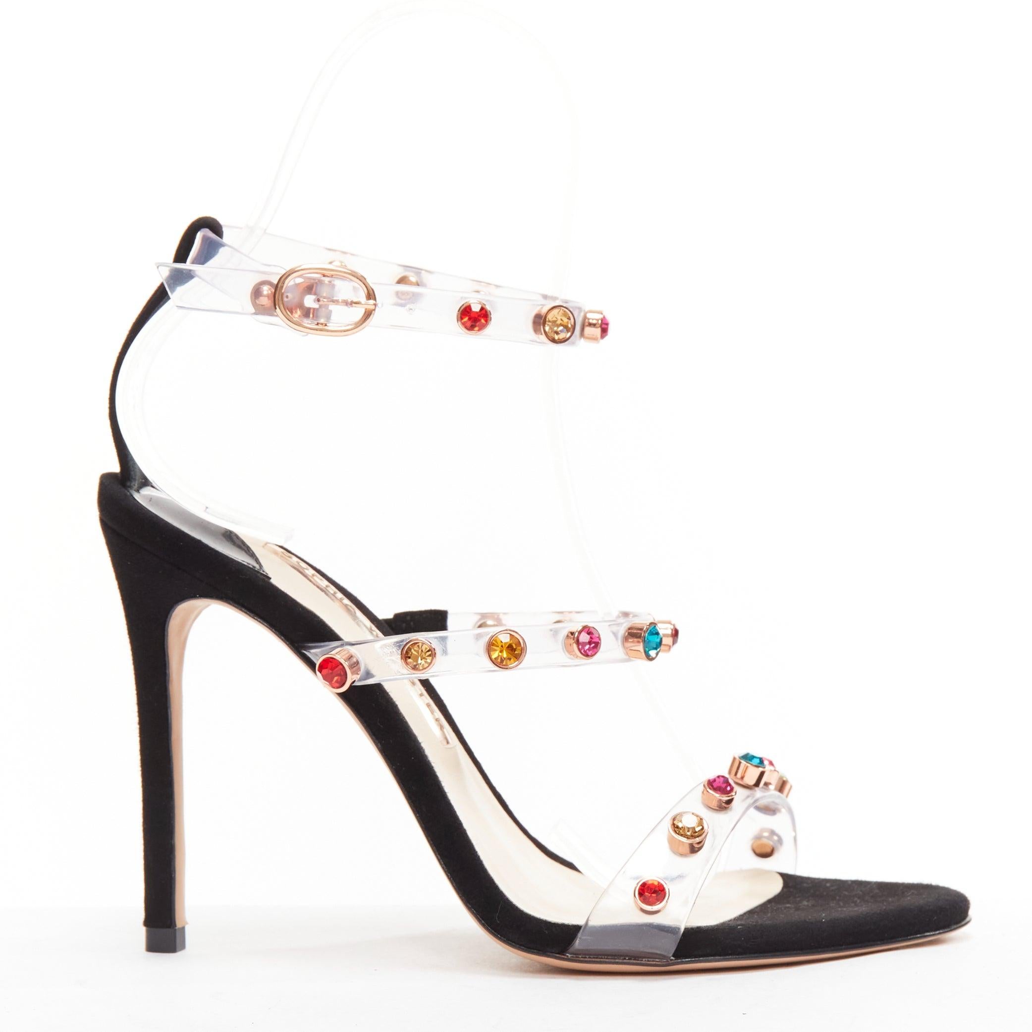 SOPHIA WEBSTER Rosalind 100 multicolor gem crystal PVC strappy heels EU38.5
Reference: BSHW/A00155
Brand: Sophia webster
Model: Rosalind 100
Material: PVC, Suede
Color: Black, Multicolour
Pattern: Solid
Closure: Ankle Strap
Lining: Nude