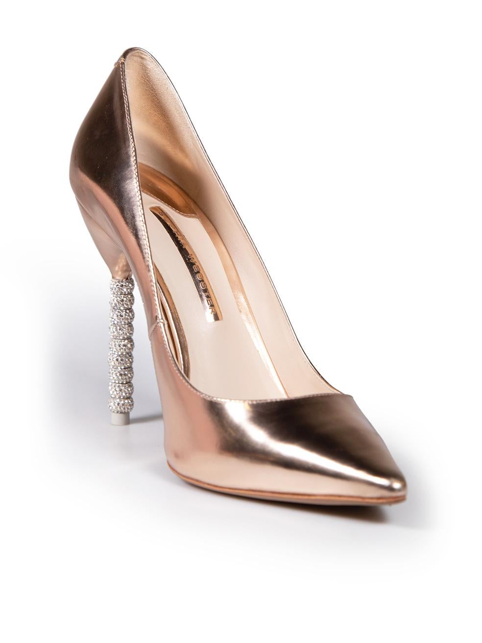 CONDITION is Very good. Minimal wear to pumps is evident. Minimal scratches and abrasion to leather of top and rear of both shoes on this used Sophia Webster designer resale item. This item comes with original box.
 
 
 
 Details
 
 
 Rose gold
 
