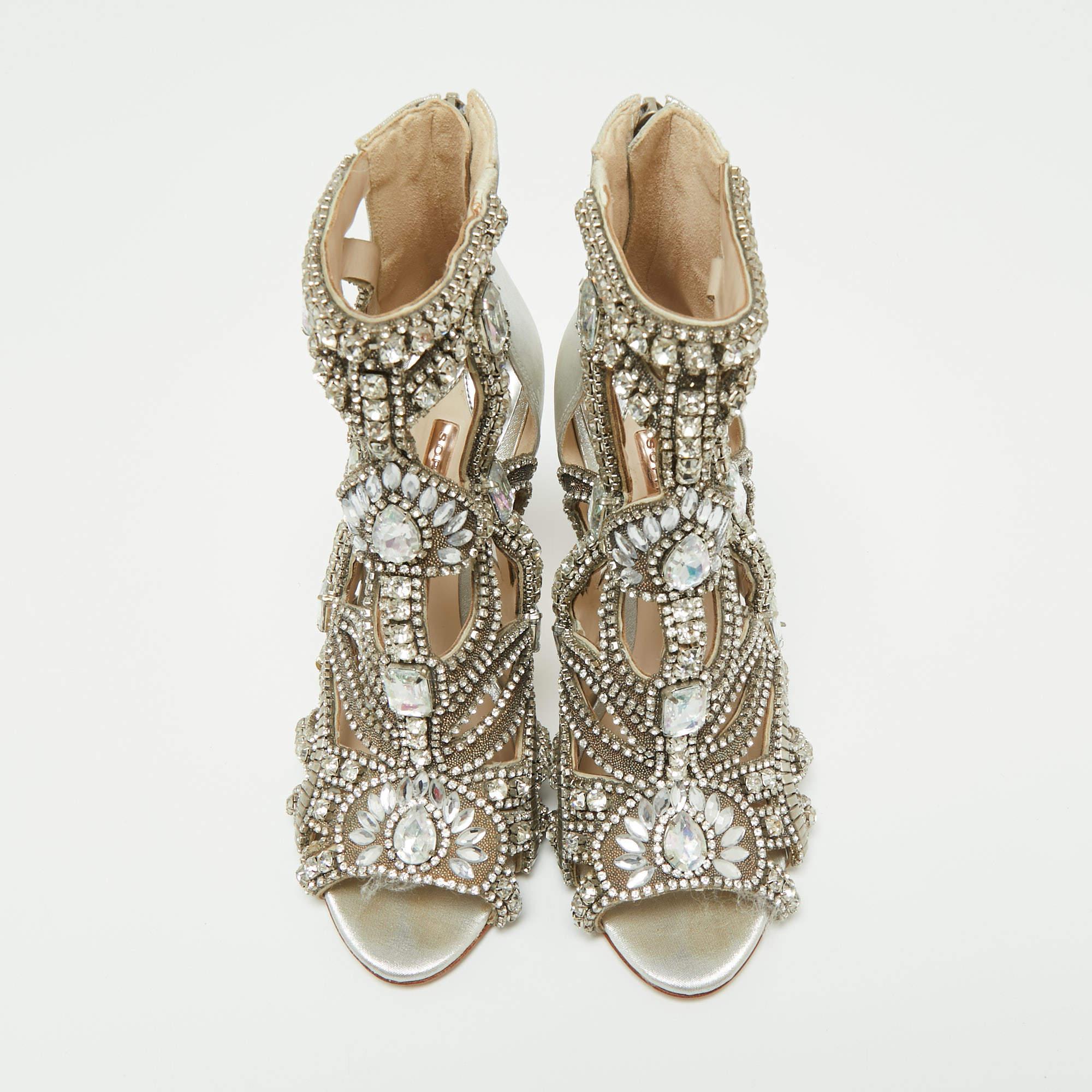 Beige Sophia Webster Silver Fabric and Leather Crystal Iridessa Caged Booties Size 36