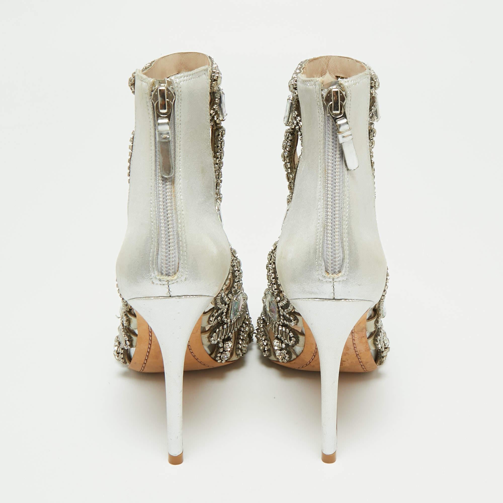Women's Sophia Webster Silver Fabric and Leather Crystal Iridessa Caged Booties Size 36