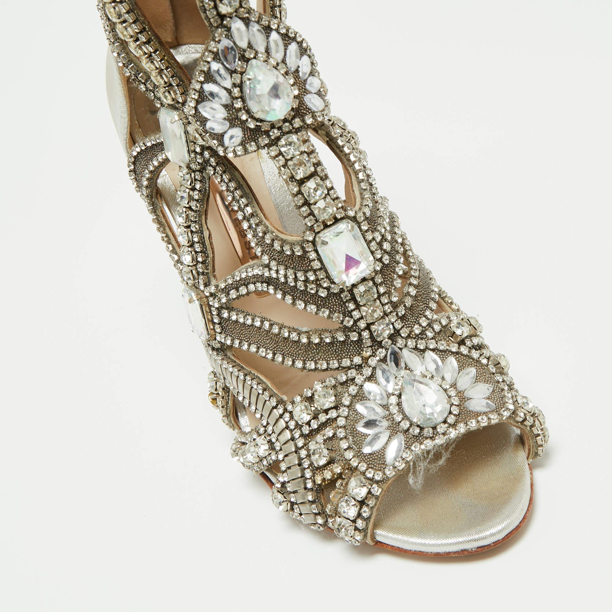 Sophia Webster Silver Fabric and Leather Crystal Iridessa Caged Booties Size 36 2