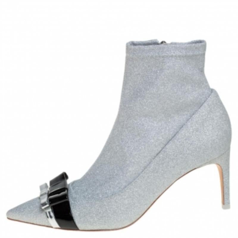 Sophia Webster Silver Glitter Fabric Andie Bow Ankle Booties Size 38 For Sale 1