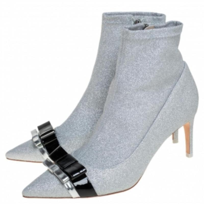 Sophia Webster Silver Glitter Fabric Andie Bow Ankle Booties Size 38 For Sale 3