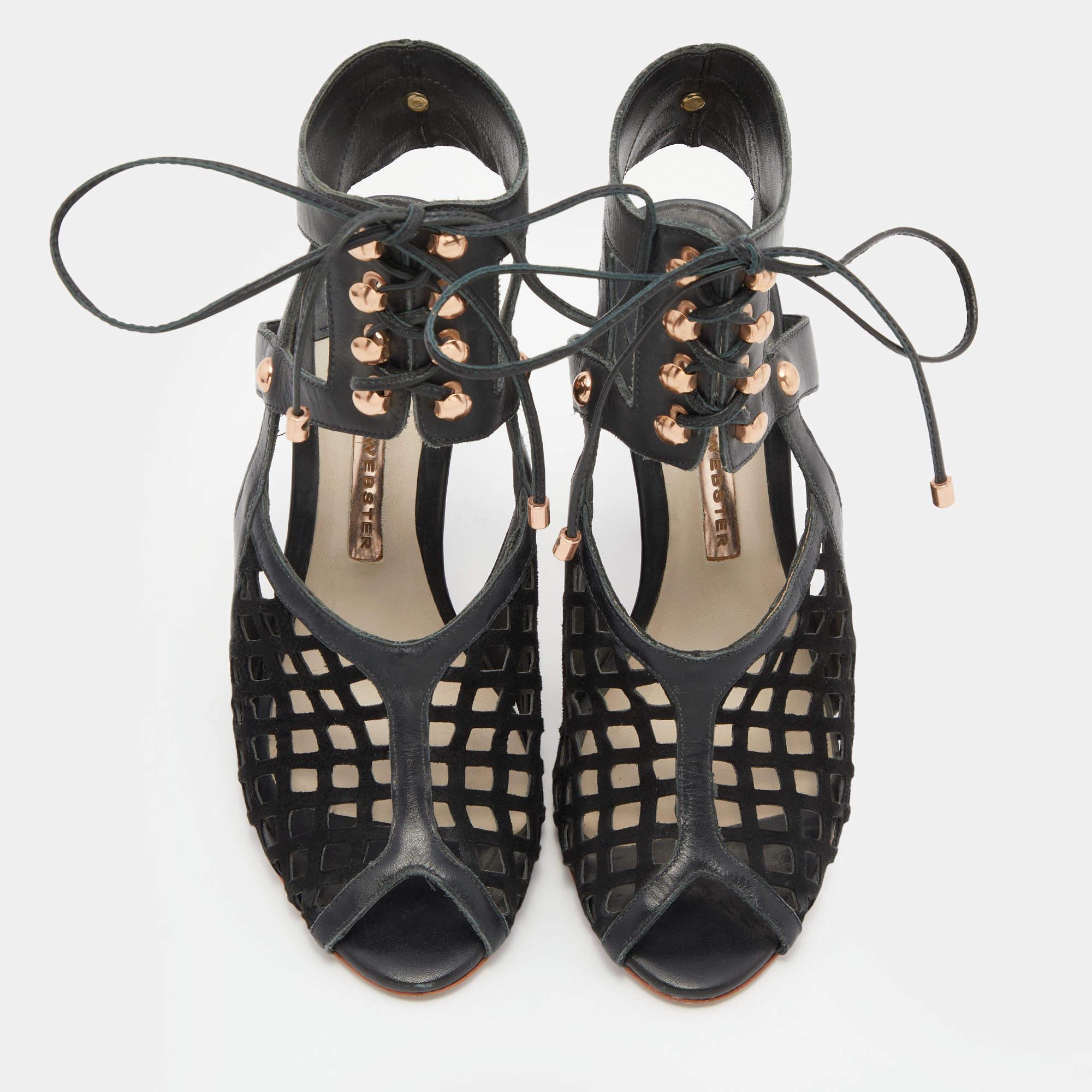 Black Sophia Webster Suede & Leather Jetta Ankle Tie Up Peep Toe Sandals Size 36.5 For Sale