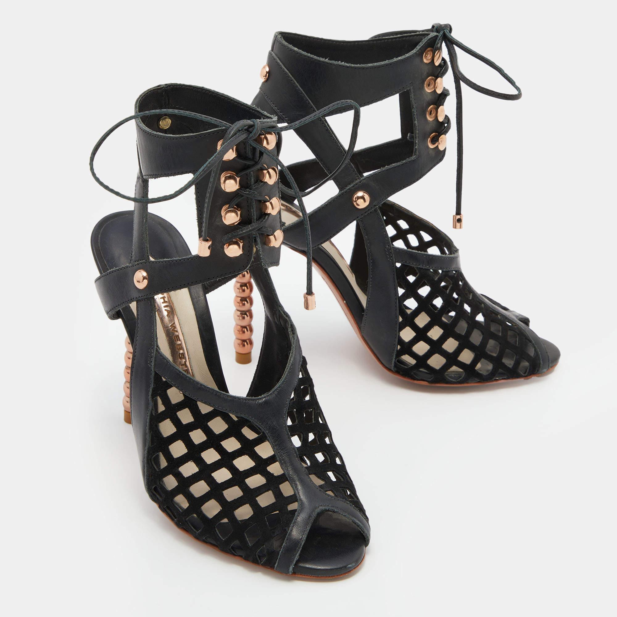 Sophia Webster Suede & Leather Jetta Ankle Tie Up Peep Toe Sandals Size 36.5 In Good Condition For Sale In Dubai, Al Qouz 2