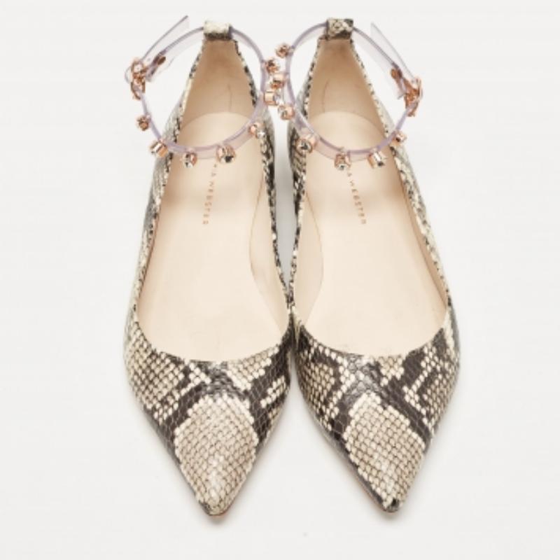 Beige Sophia Webster Two Tone Embossed Python Dina Ankle Strap Ballet Flats Size 37 en vente