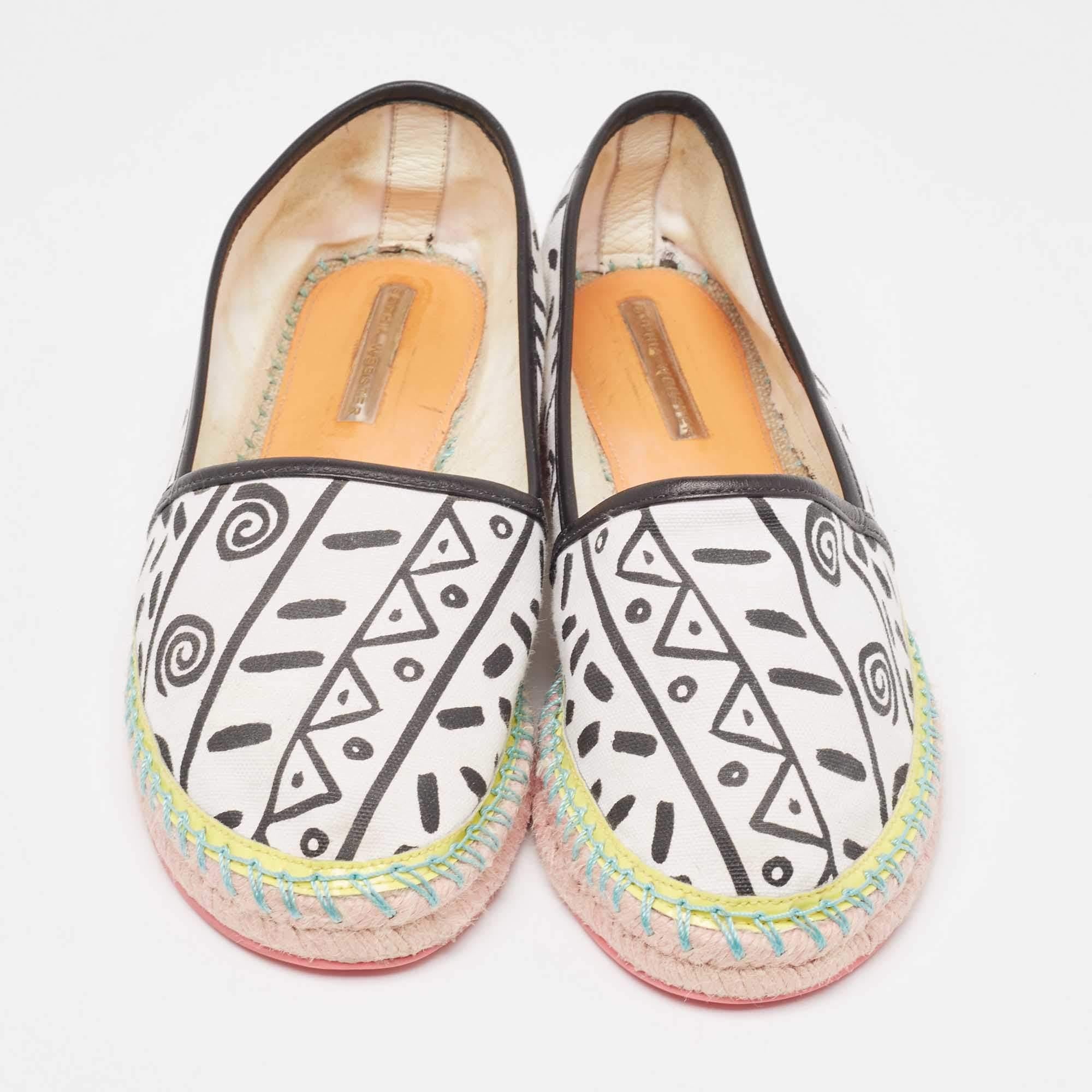Beige Sophia Webster White/Black Canvas and Leather Espadrille Flats Size 40.5 For Sale
