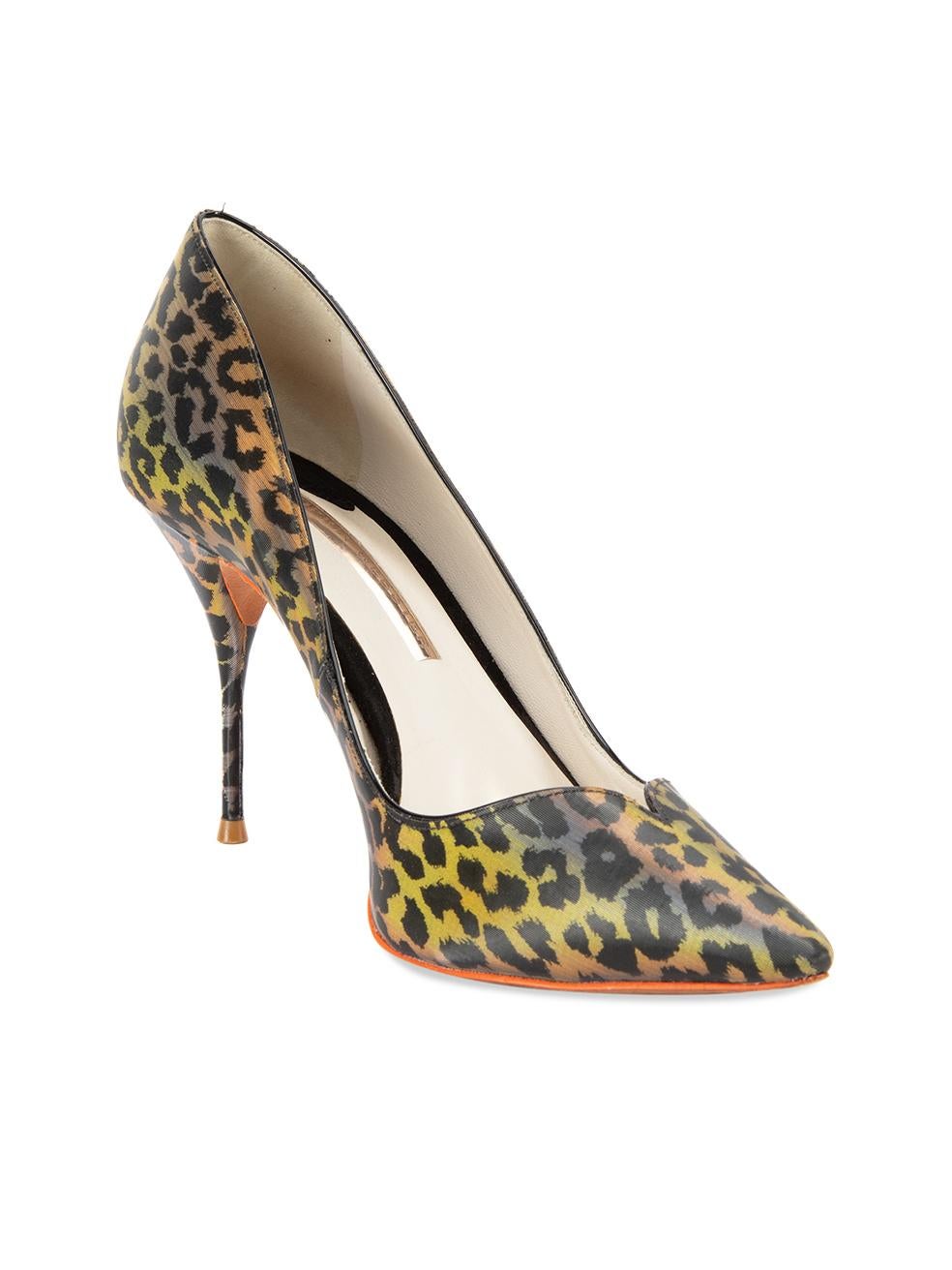 CONDITION is Very good. Minimal wear to heels is evident. Some loose threads and light wear to the outsoles on this used Sophia Webster designer resale item.  Details  Iridescent Leopard print PVC High heel Point toe    Made in Brazil    Composition