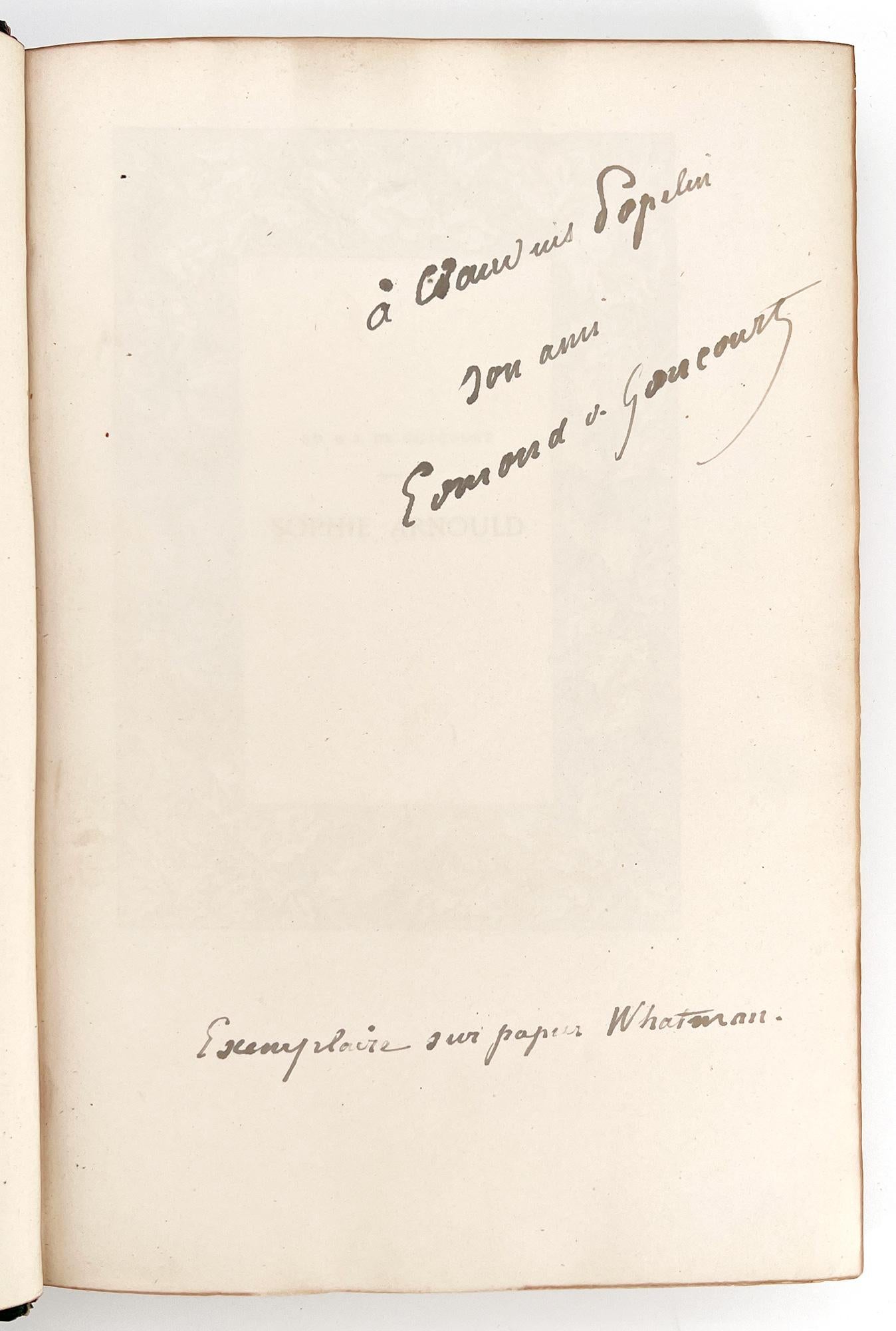 SIGNED, Second edition on LARGE PAPER
One of the first personal biographies (biographies intimes) written by the Goncourt brothers and composed in 1857.  This special edition with elaborate floral frames and a facsimile letter was published in small