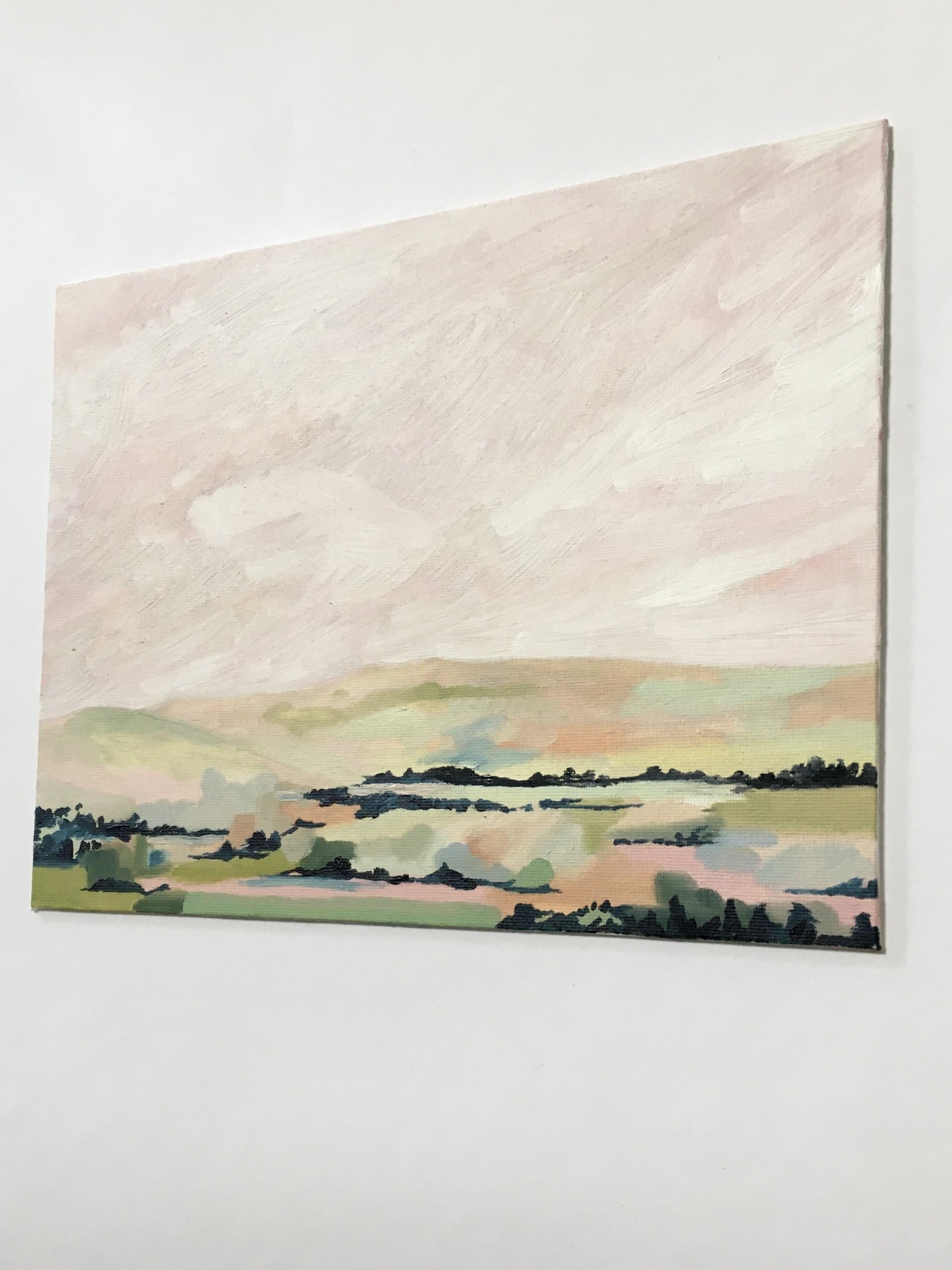 Soft Light Over Dartmoor by Sophie Berger [2022]

An original oil painting in calm muted colours. Built up in layers, this painting started as a sketch on Dartmoor. When looking closely the viewer can see the variety of bold brush strokes that have