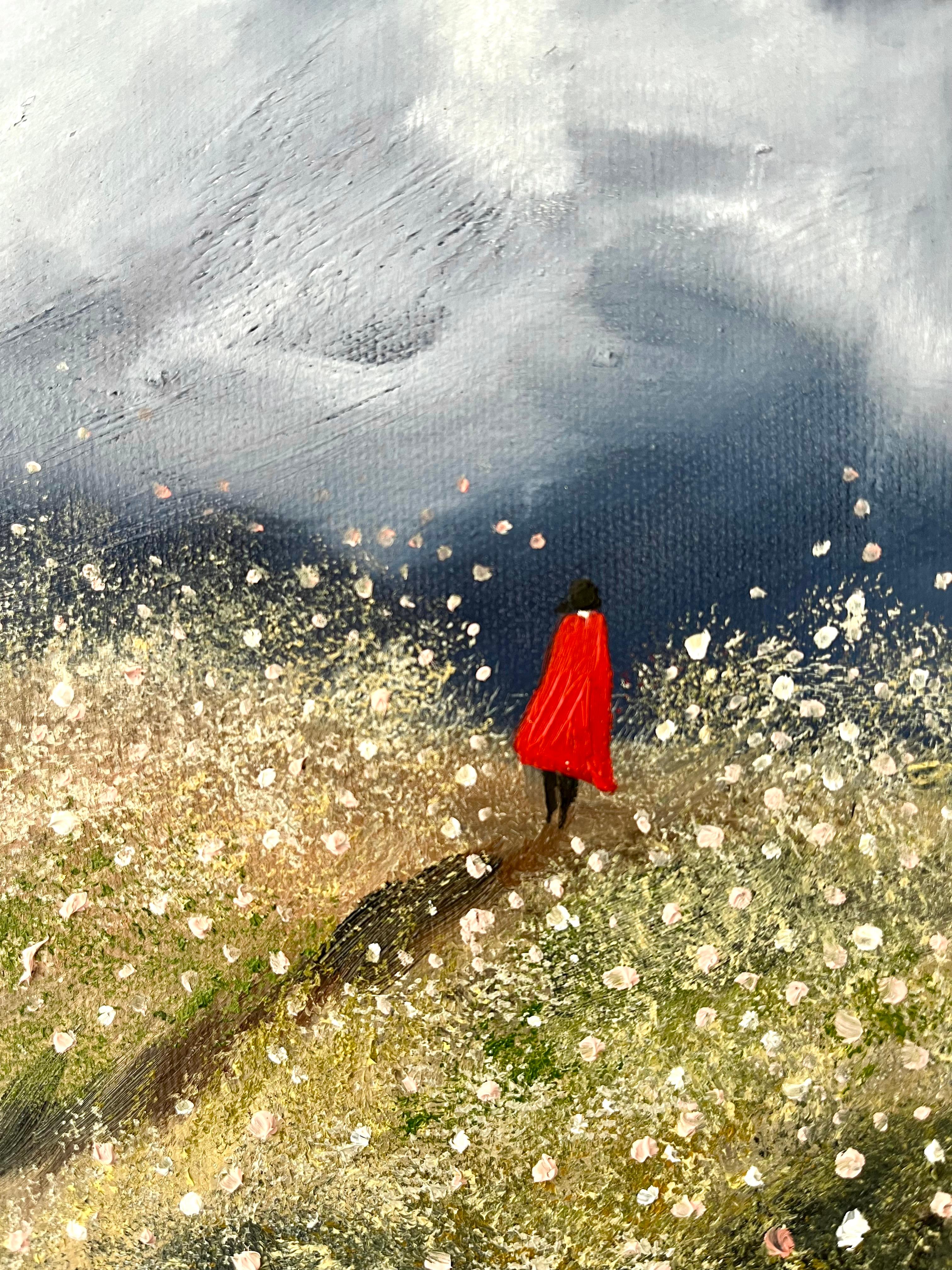 Le chemin sous l'orage, peinture originale, paysage, nature, abstrait - Gris Landscape Painting par Sophie Berger