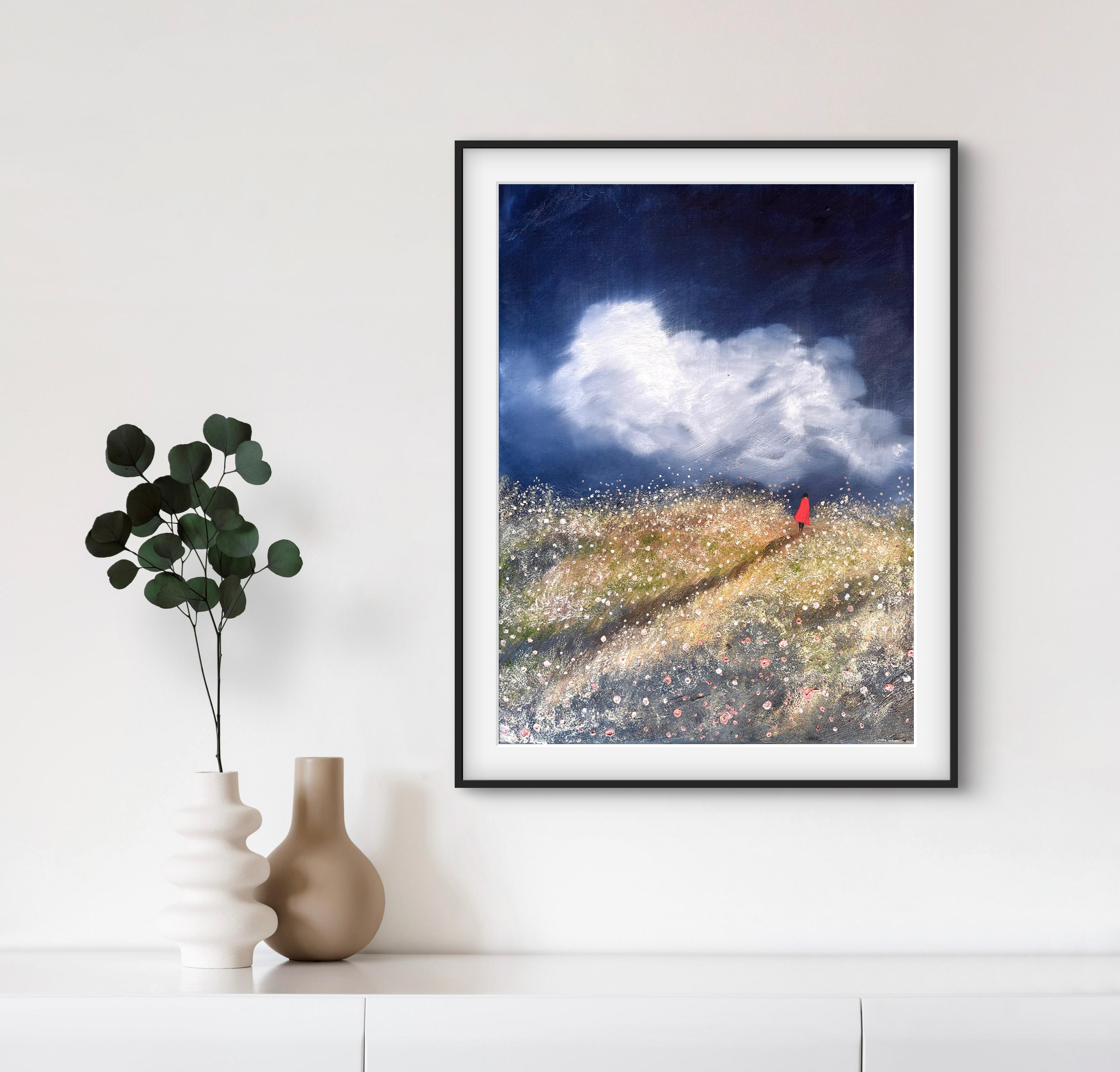 Cette peinture est inspirée par la beauté calme et expansive des paysages sauvages et par le sentiment de marcher sous un ciel immense. La figure solitaire en rouge devient une présence petite mais vivante dans l'immensité de la nature - un rappel