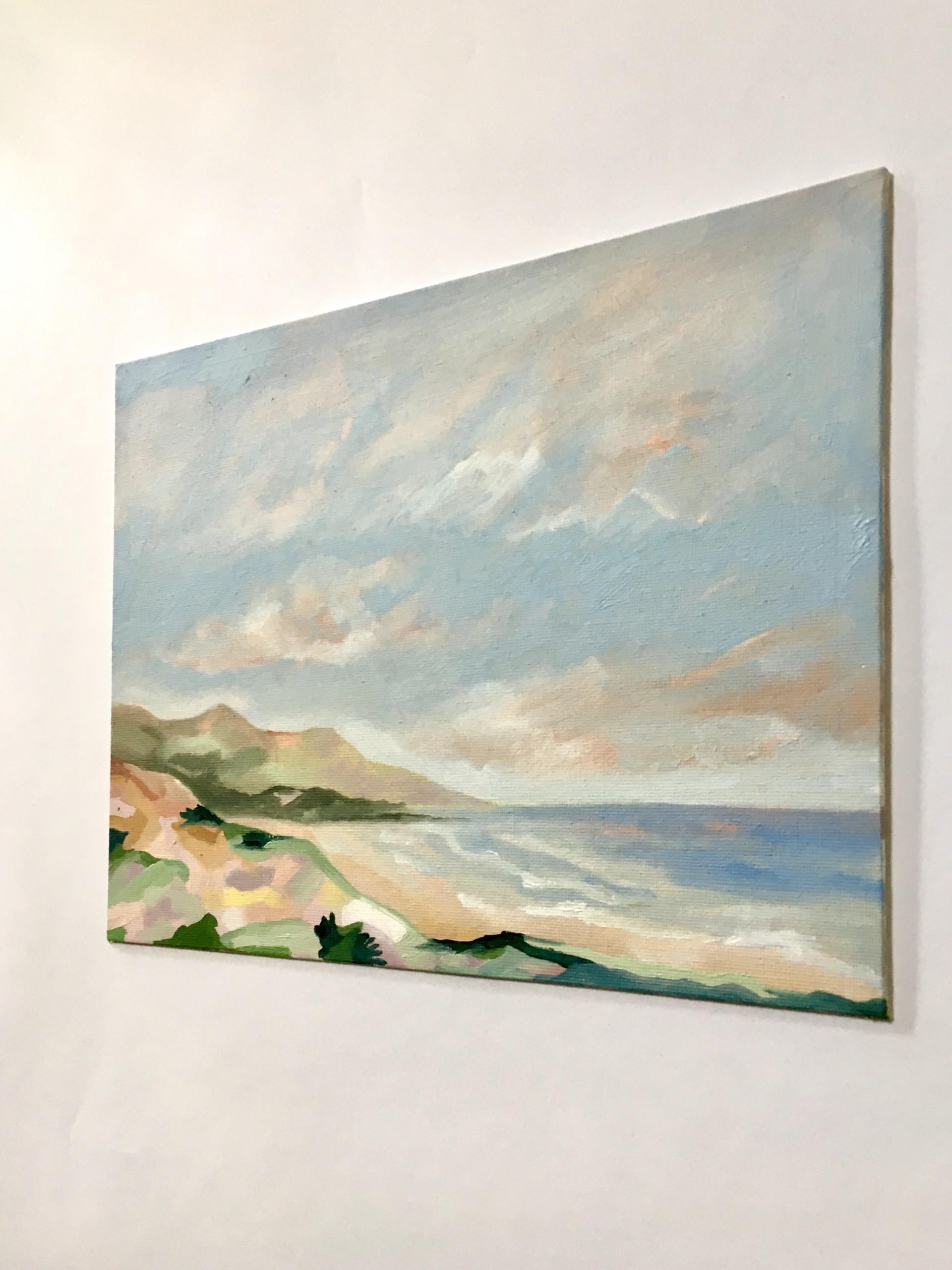 Towards Thurelstone by Sophie Berger [2022]
 
An original oil painting in calm muted colours. Built up in layers, this painting started as a sketch on the South West Coast path walking towards Thurlestone. When looking closely the viewer can see the