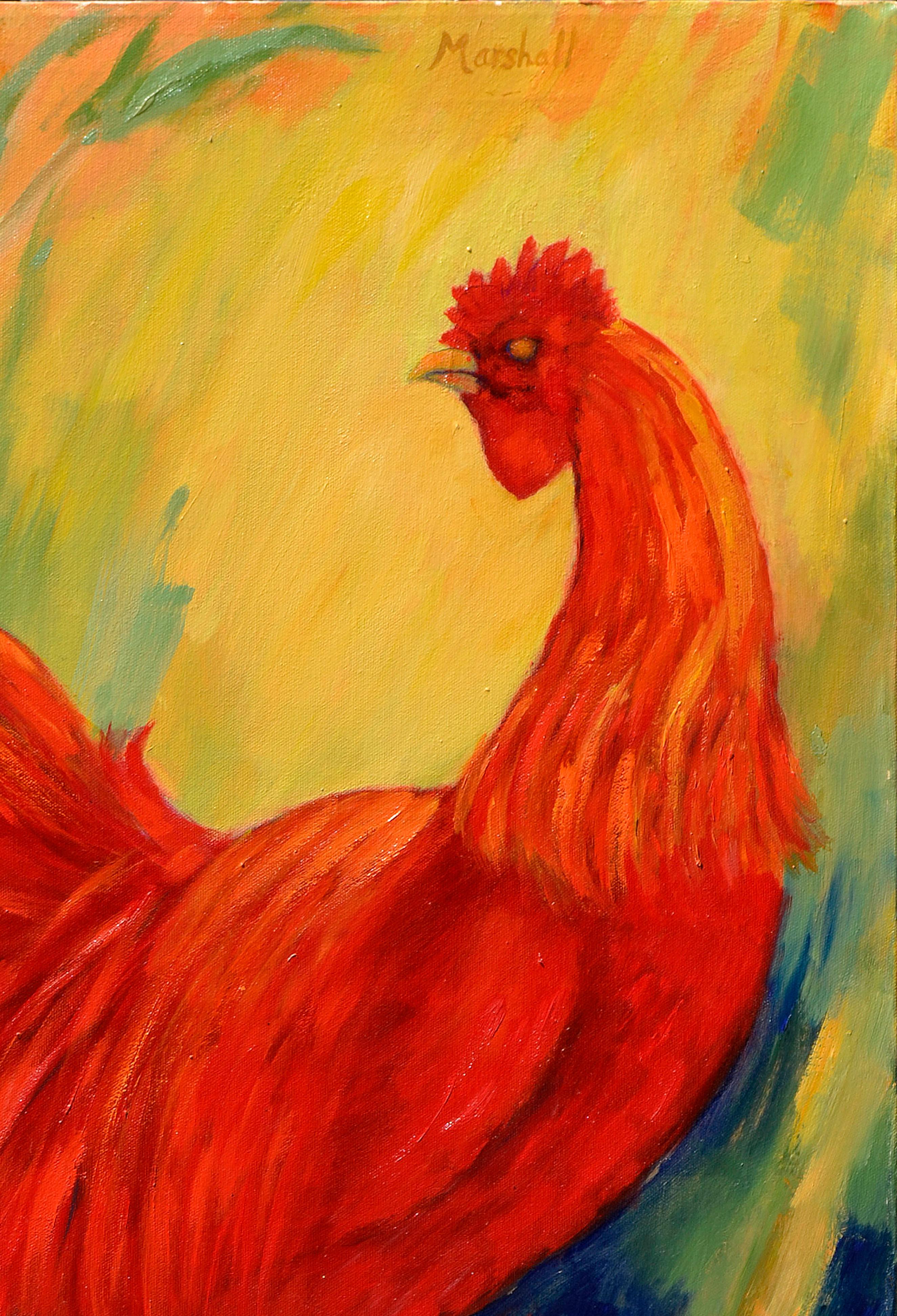 Fauvist Rooster Portrait  - Painting by Sophie D. Marshall