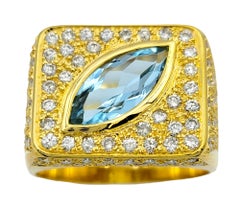 Sophie d'Agon Marquise Cut Aquamarine & Diamond Squared Cocktail Ring 18K Gold