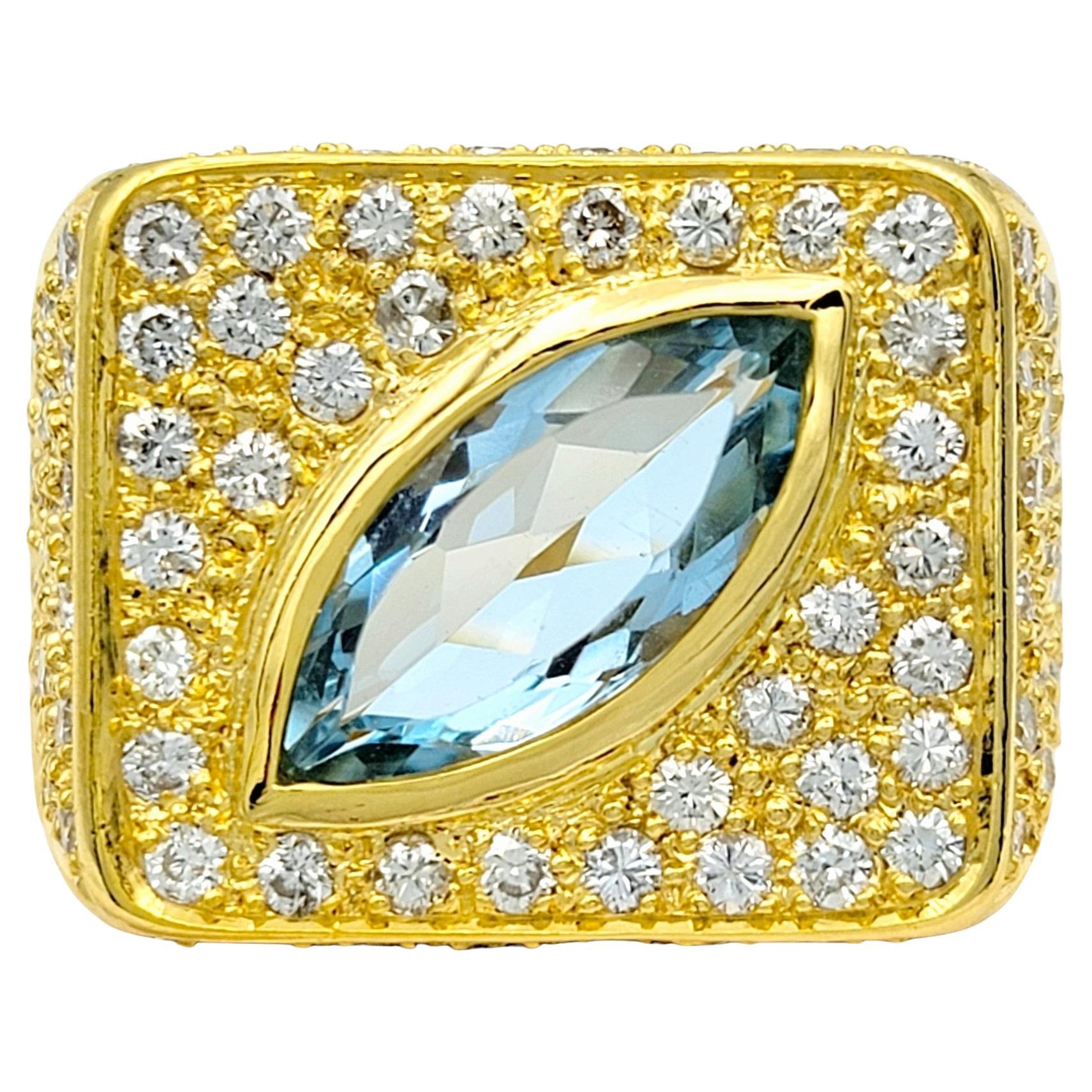 Sophie d'Agon Marquise Cut Aquamarine & Diamond Cocktail Ring in 18K Yellow Gold For Sale