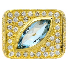 Sophie d'Agon Marquise Cut Aquamarine & Diamond Cocktail Ring in 18K Yellow Gold