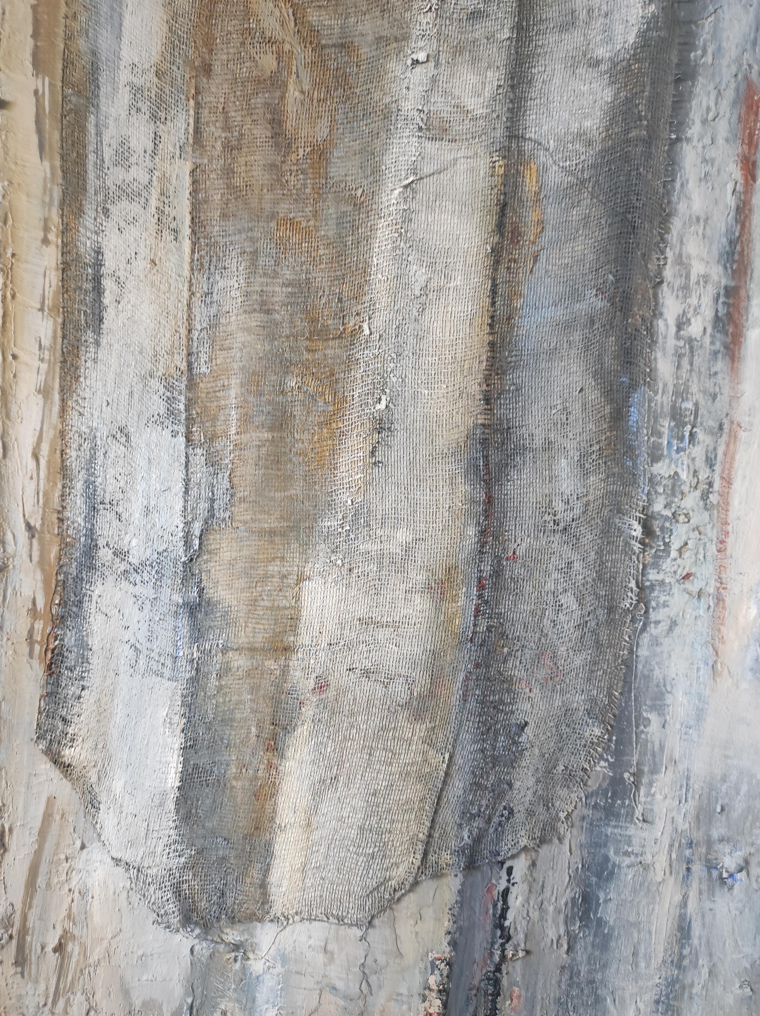 Le linge, Bleu Abstrait, Minimalisme, Collage, texturé, Peinture à l'huile, Français en vente 2