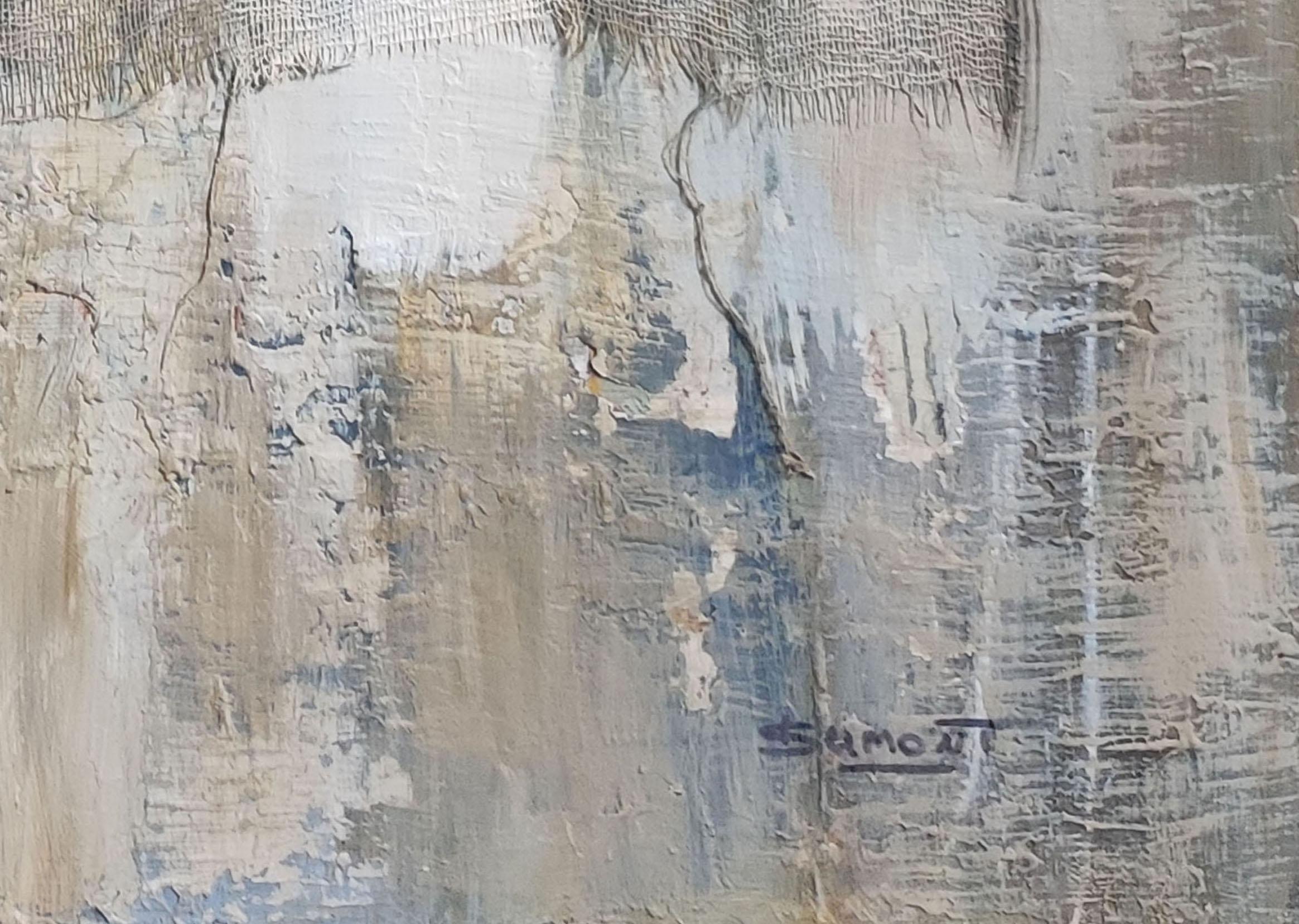 Le linge, Bleu Abstrait, Minimalisme, Collage, texturé, Peinture à l'huile, Français en vente 5