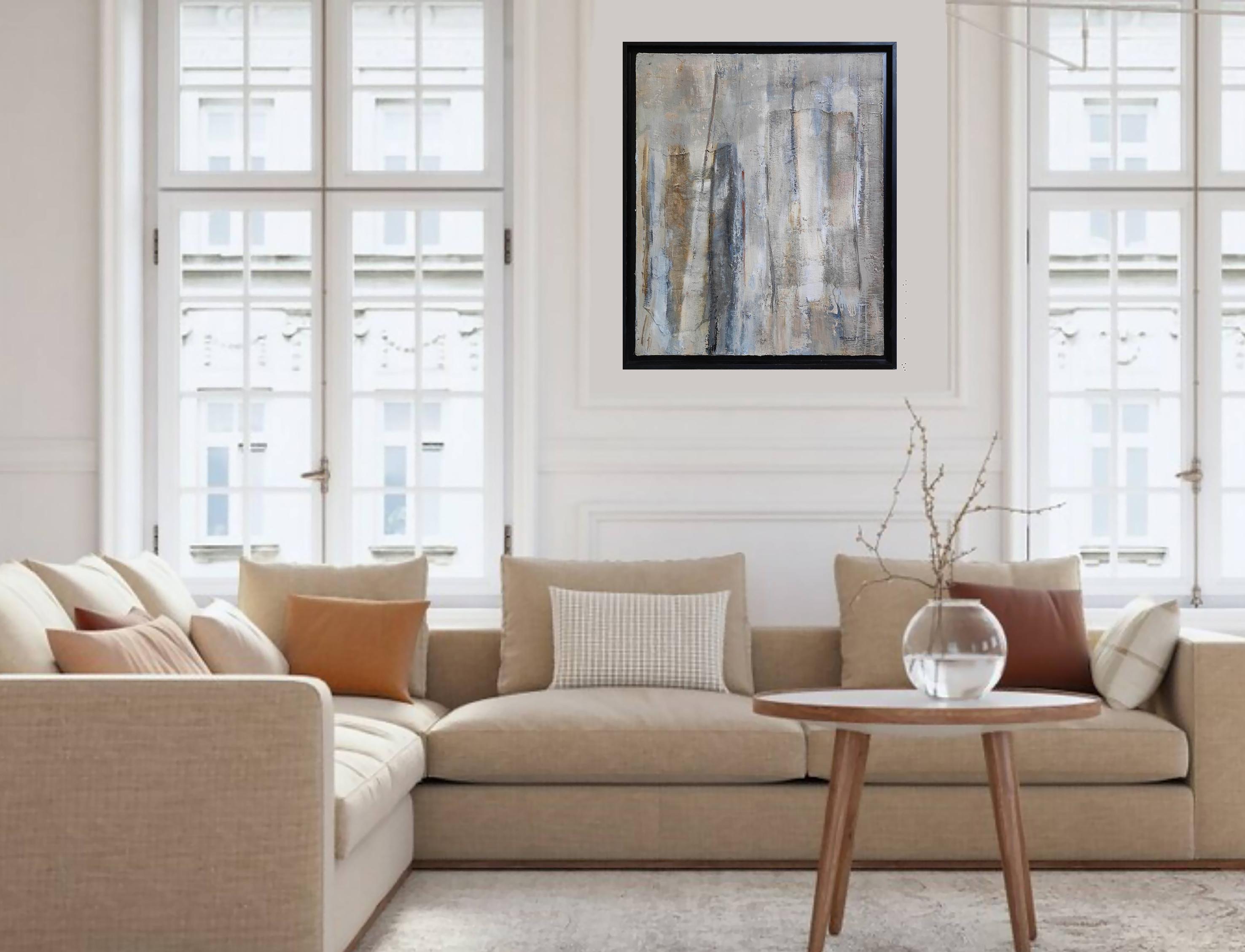 Le linge, Bleu Abstrait, Minimalisme, Collage, texturé, Peinture à l'huile, Français en vente 9