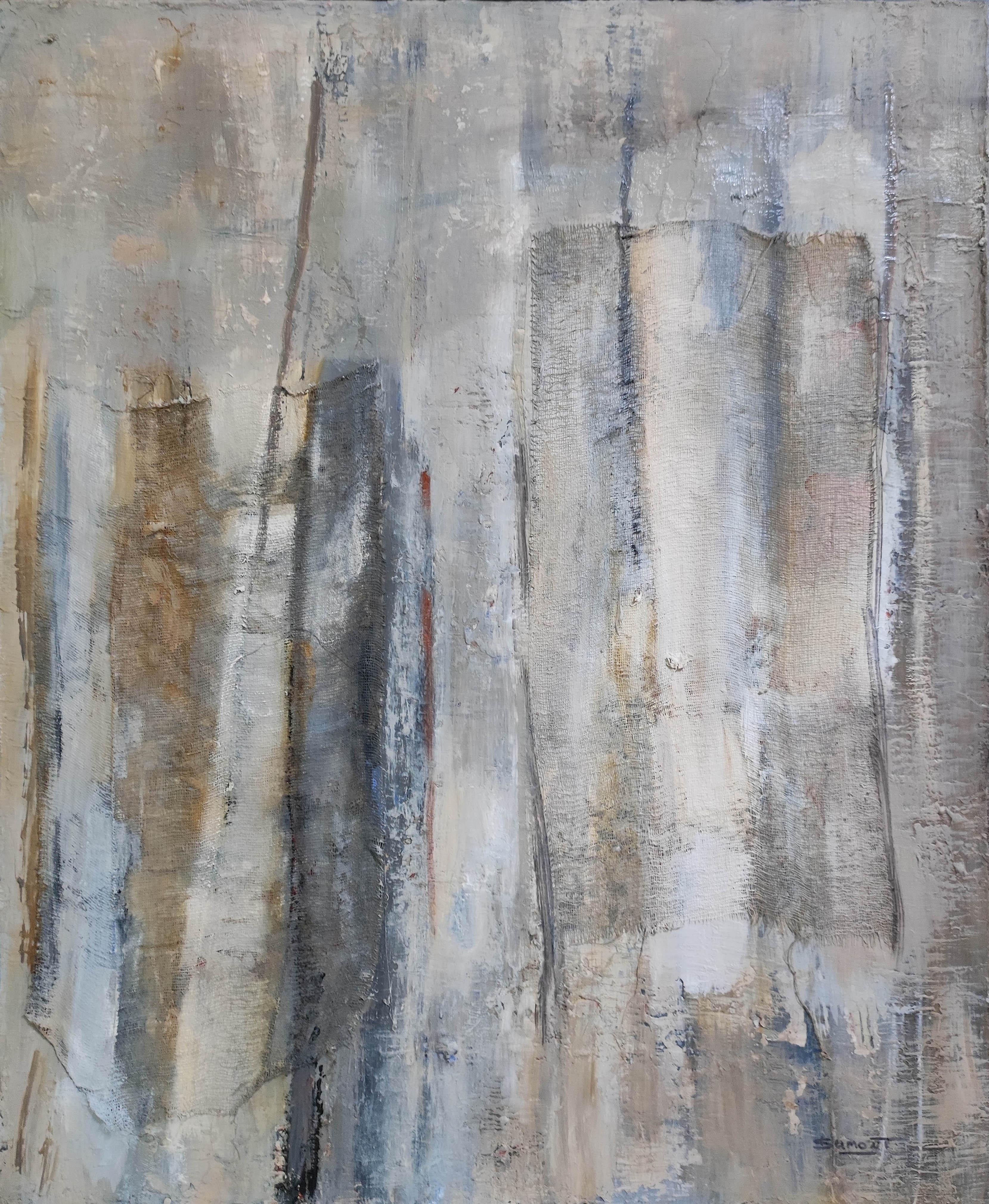 Le linge, abstrait bleu, minimalisme, collage, peinture texturée - Painting de SOPHIE DUMONT