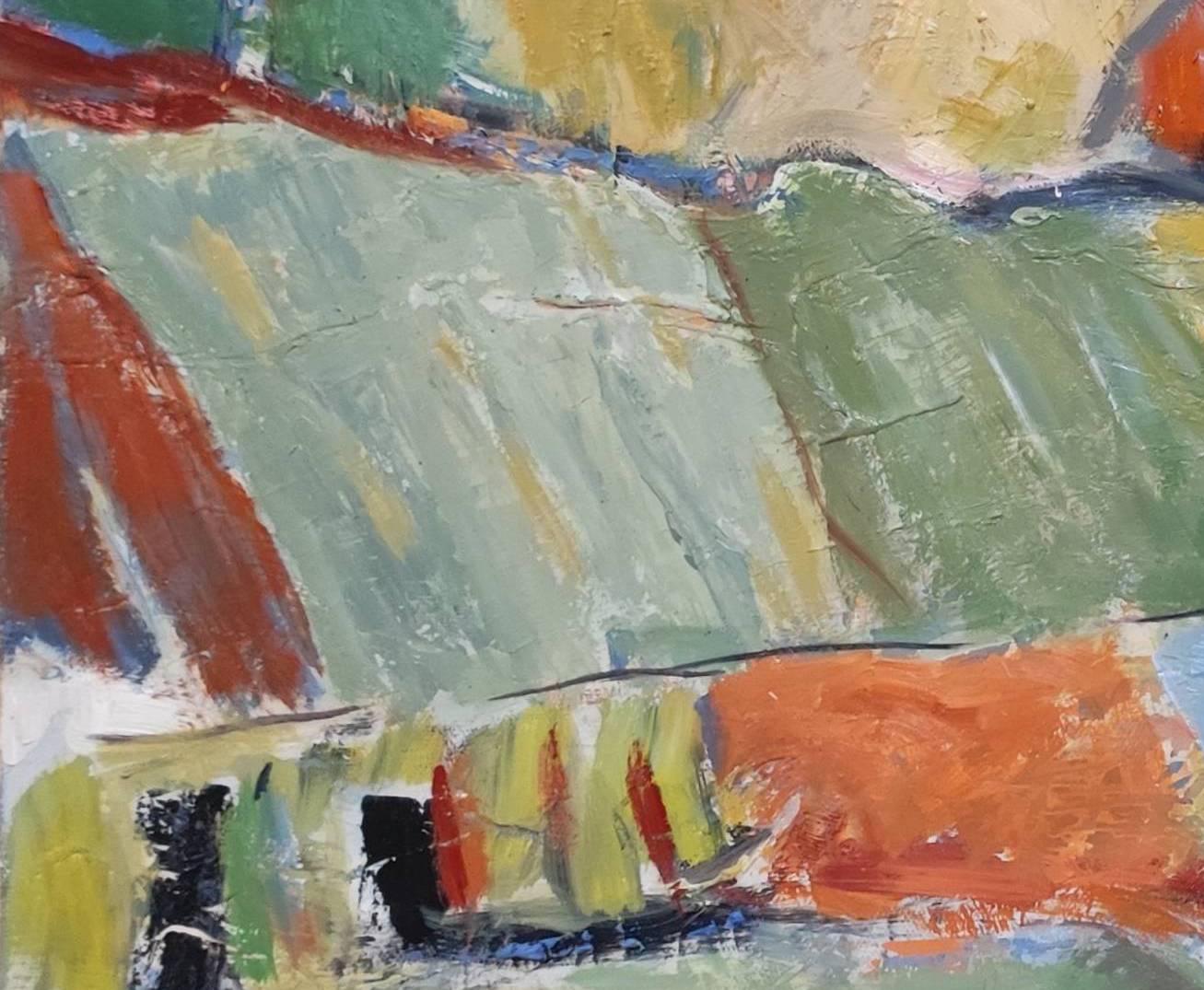 Abstract countryside landscape with colored plots worked in oil on linen canvas..
The construction takes precedence over the motif, the artist works on his composition until he finds the perfect balance.
the many layers superimposed with the palette