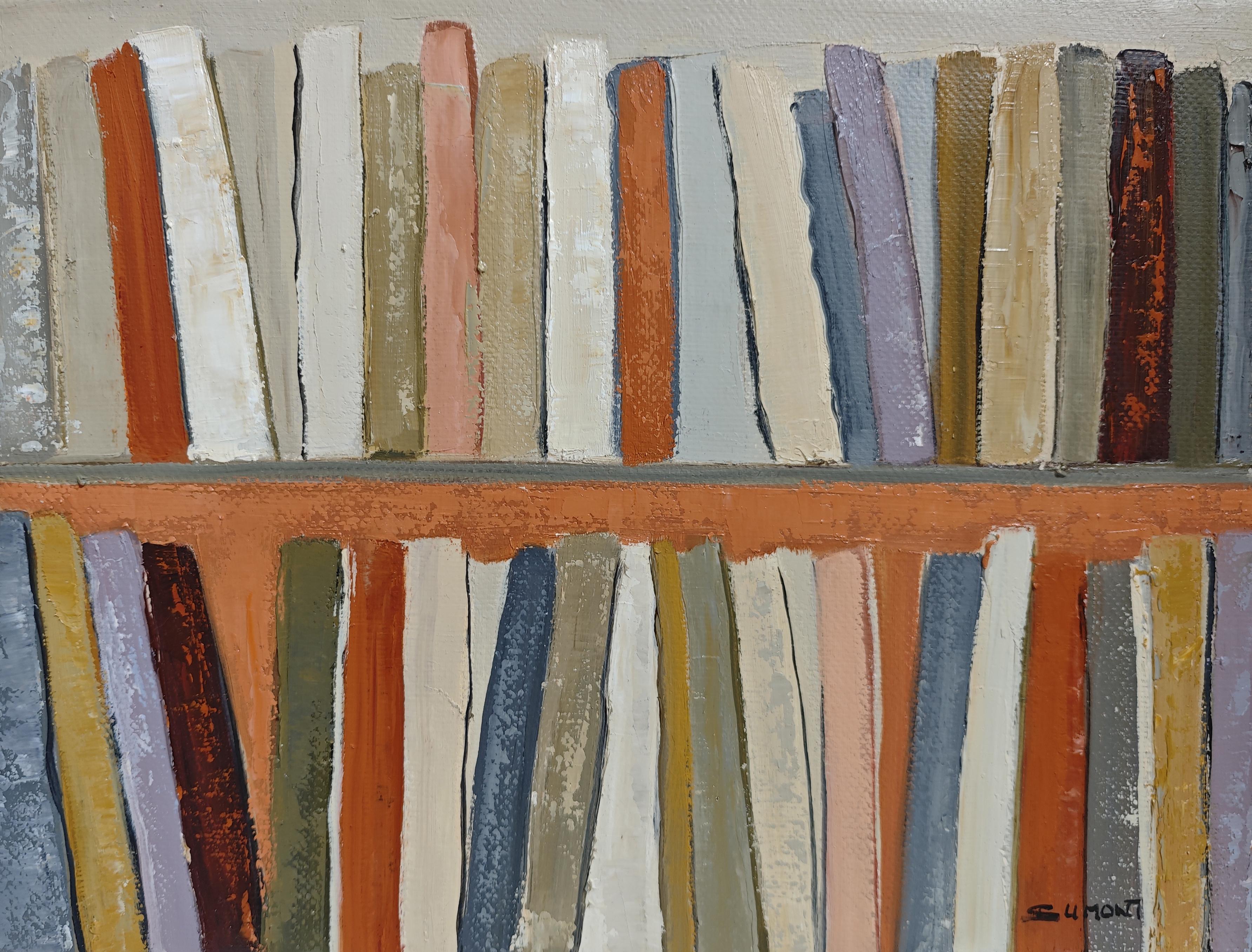 Abstract Bookshelf – Oil Painting, contemporary,  French Artist, 