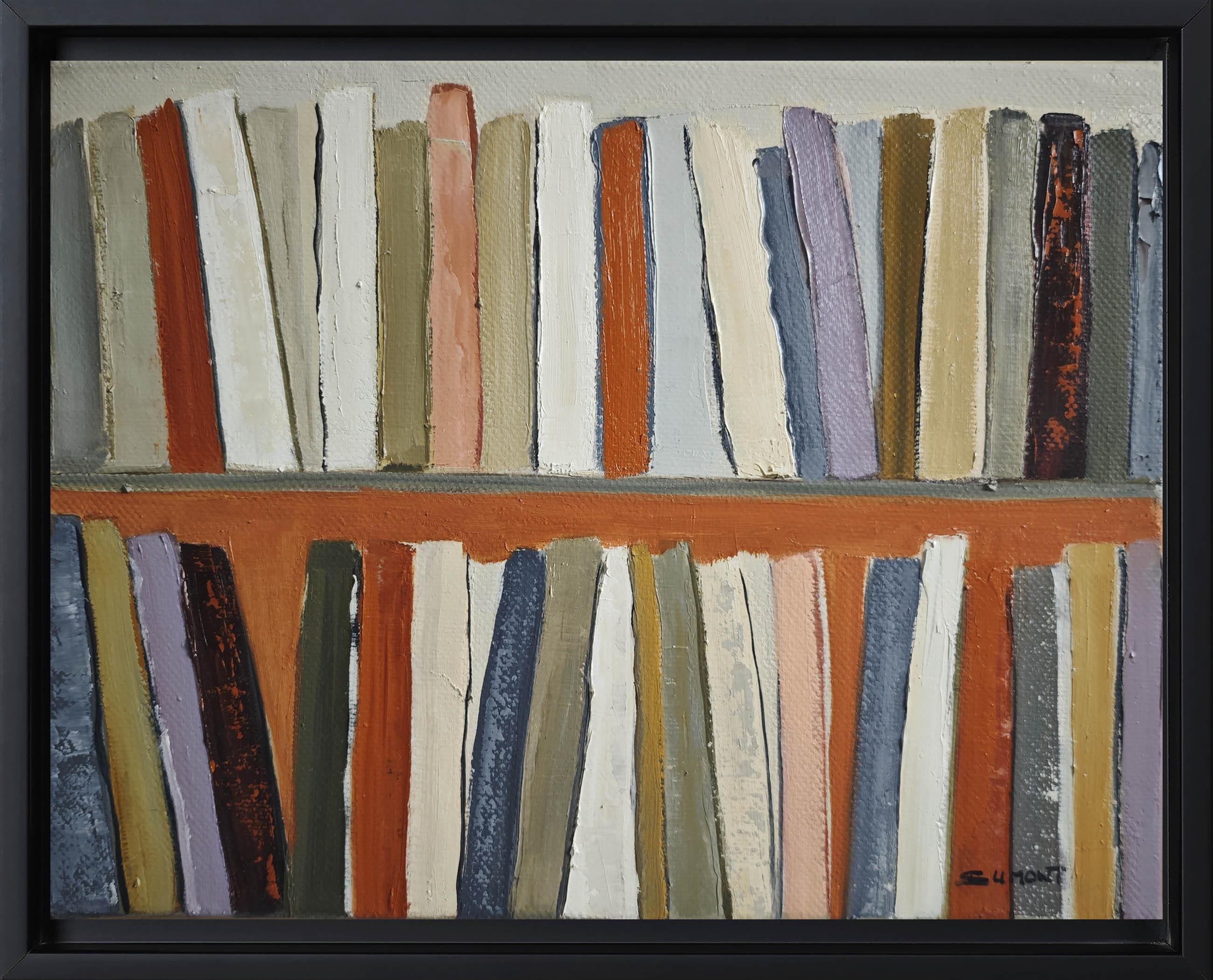 Abstract Bookshelf – Oil Painting, contemporary,  French Artist, “The Art Books” - Brown Interior Painting by SOPHIE DUMONT