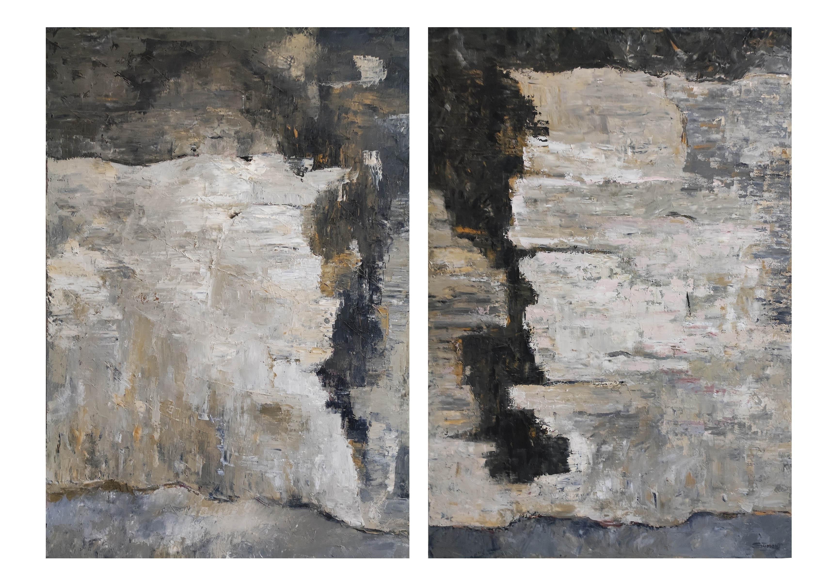 falaises abstraites, dyptique, huile sur toile, texturé, art contemporain, moderne - Painting de SOPHIE DUMONT