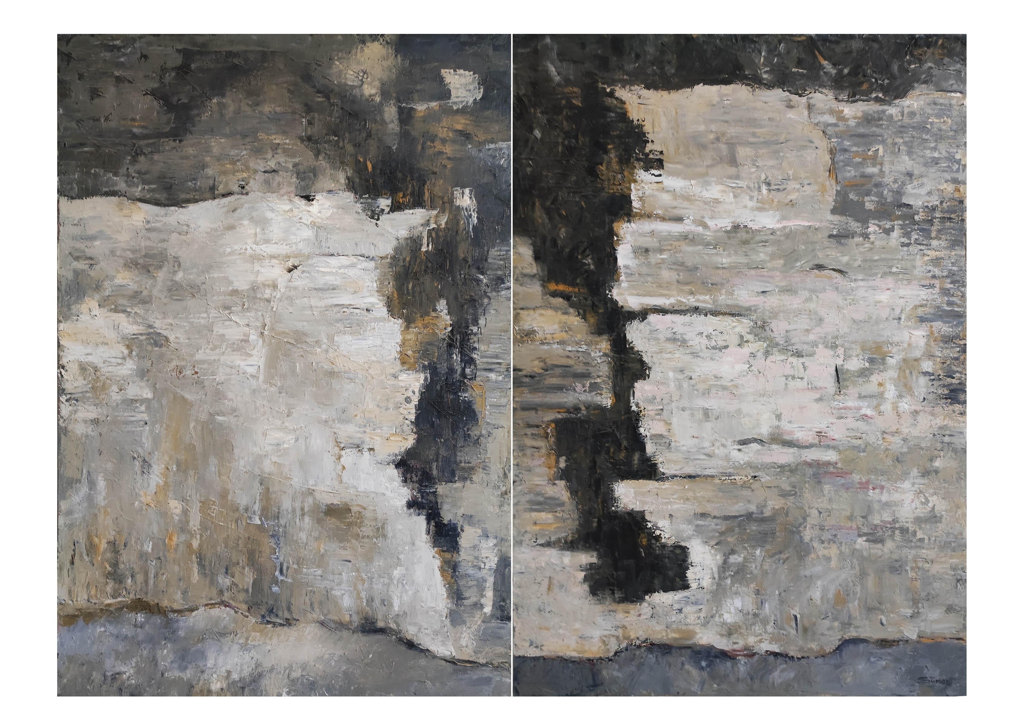 Landscape Painting SOPHIE DUMONT - falaises abstraites, dyptique, huile sur toile, texturé, art contemporain, moderne