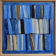 Abstraktes Ölgemälde auf Leinen, blaues modernes Buch Komposition, 2024, französische Kunst