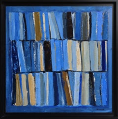 Abstraktes Ölgemälde auf Leinen, blaues modernes Buch Komposition, 2024, französische Kunst
