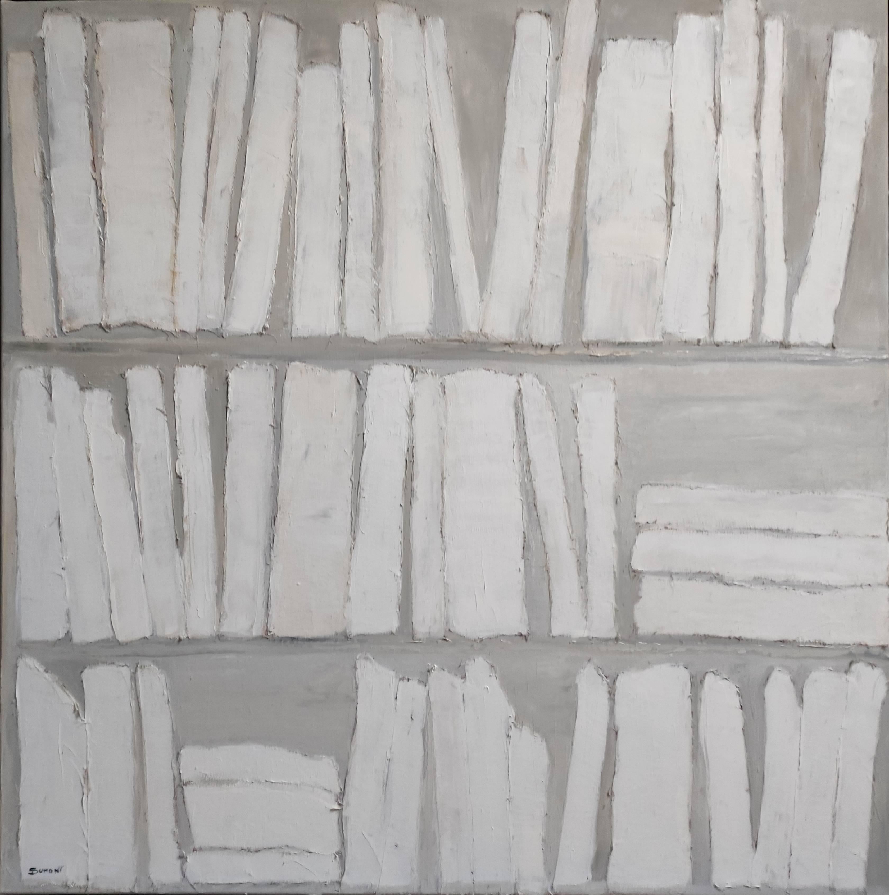 Academie, white abstract, monochrome, collage,  minimalism, textured, books - Painting by SOPHIE DUMONT