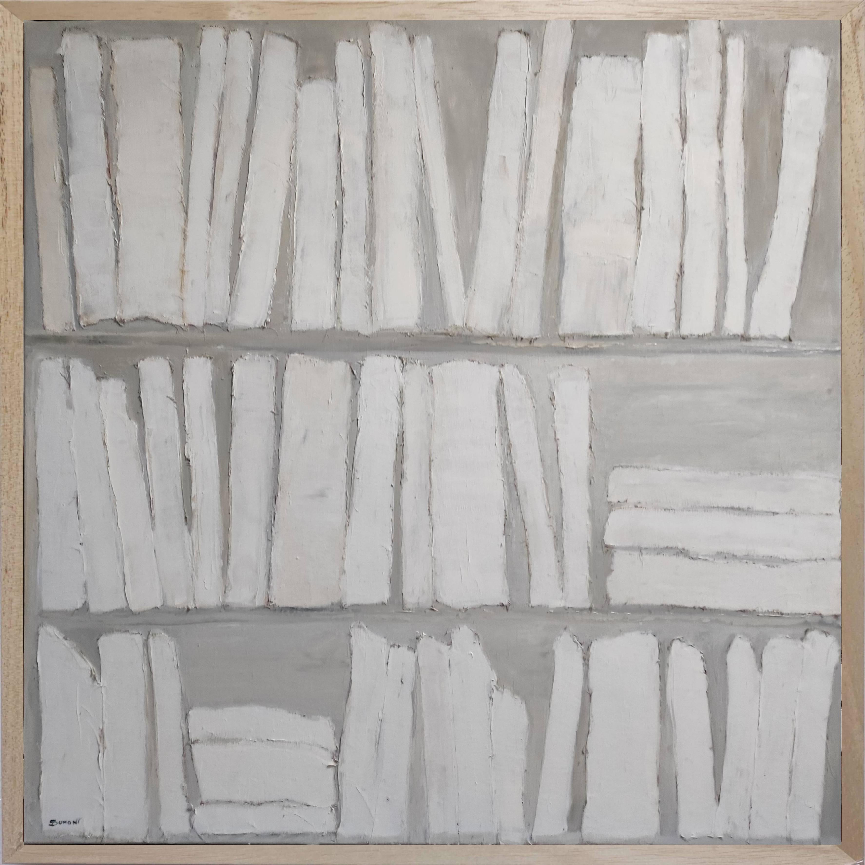 SOPHIE DUMONT Abstract Painting - Academie, white abstract, monochrome, collage,  minimalism, textured, books