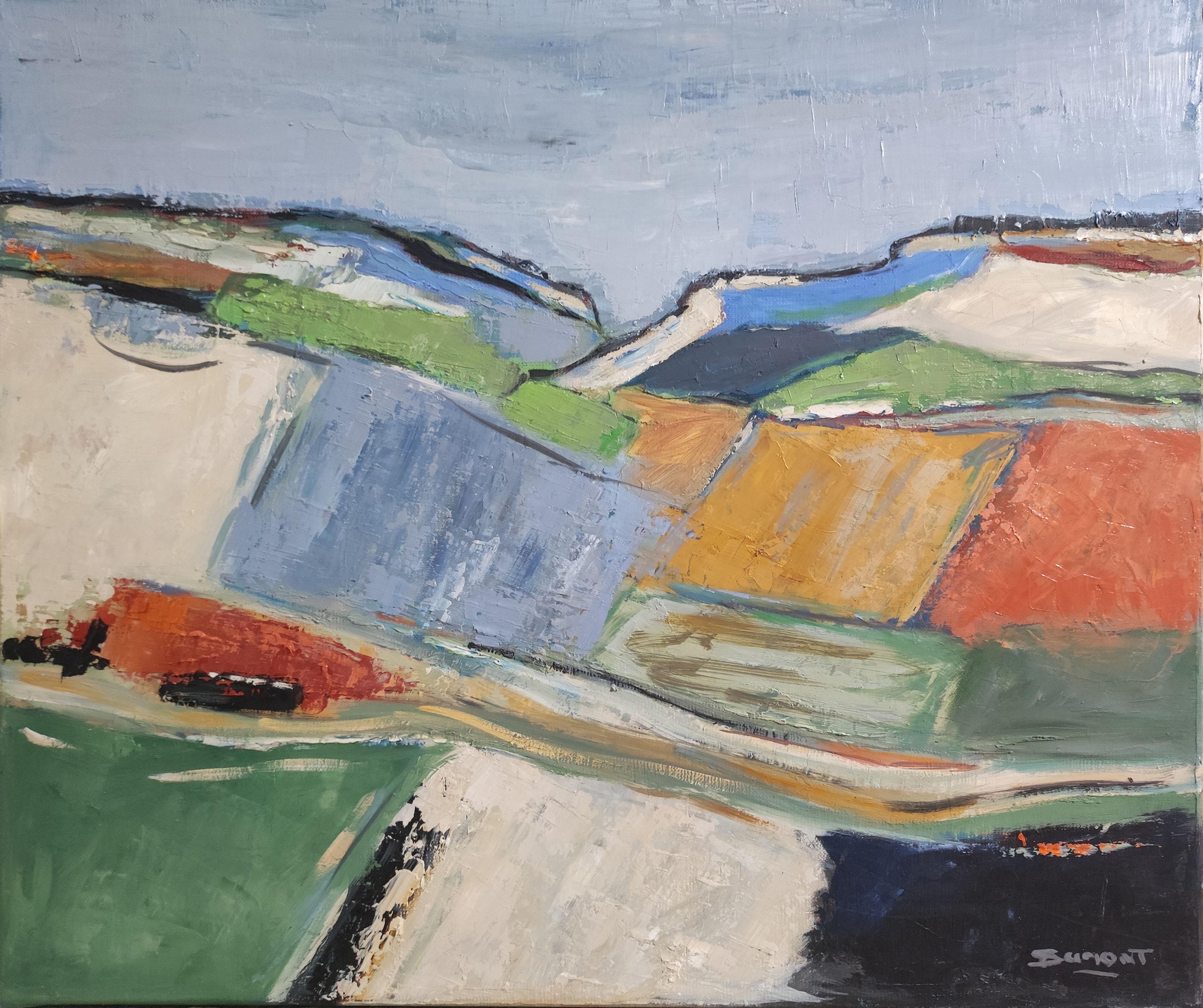Abstract countryside landscape with colorful patches. Construction prevails over the motif; the artist works on their composition until finding the perfect balance. The numerous layers overlaid with a palette knife create an interesting texture.