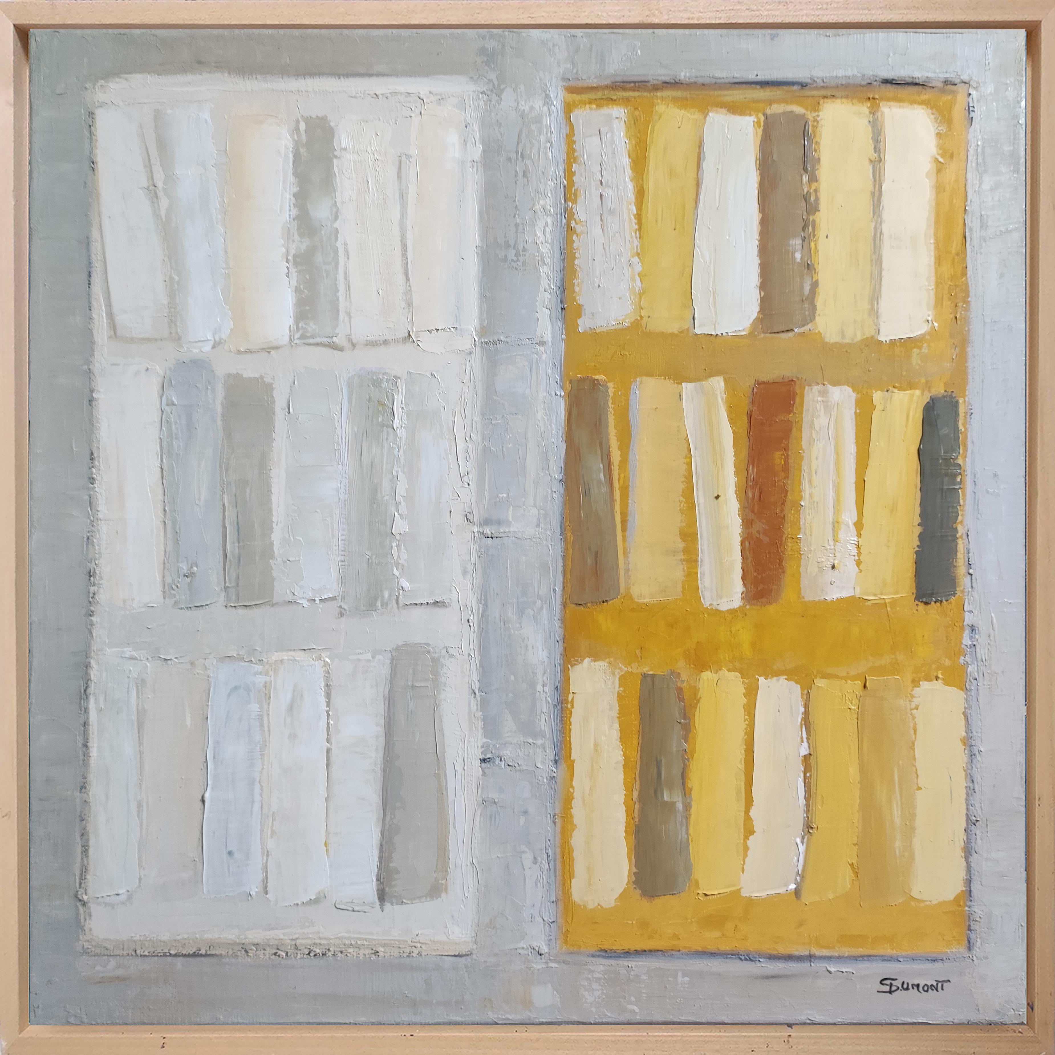 amarillo, abstract yellow and white library,  expressionism, geometric, modern - Painting by SOPHIE DUMONT