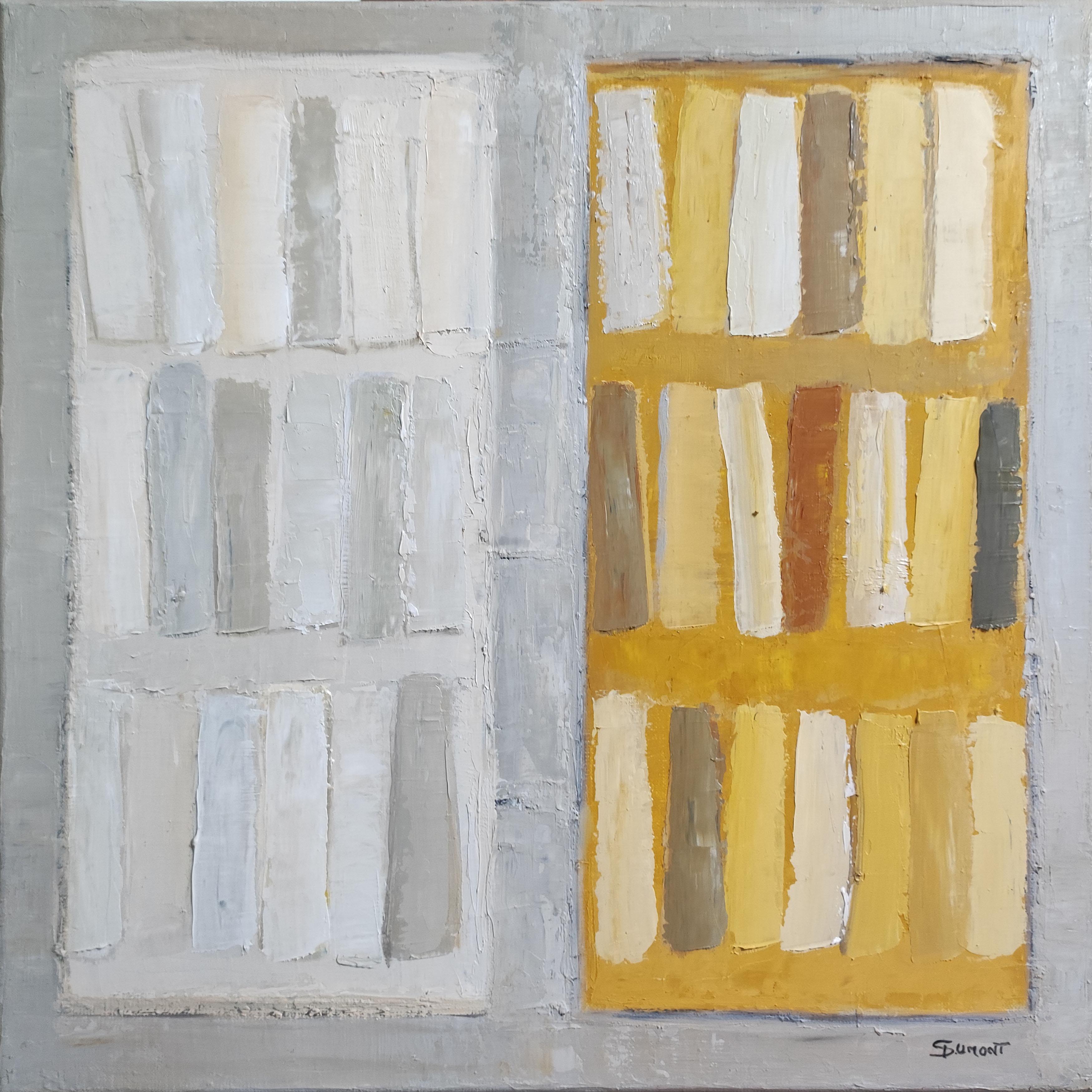amarillo, abstrakte gelbe und weiße Bibliothek,  Expressionismus, geometrisch, modern (Geometrische Abstraktion), Painting, von SOPHIE DUMONT