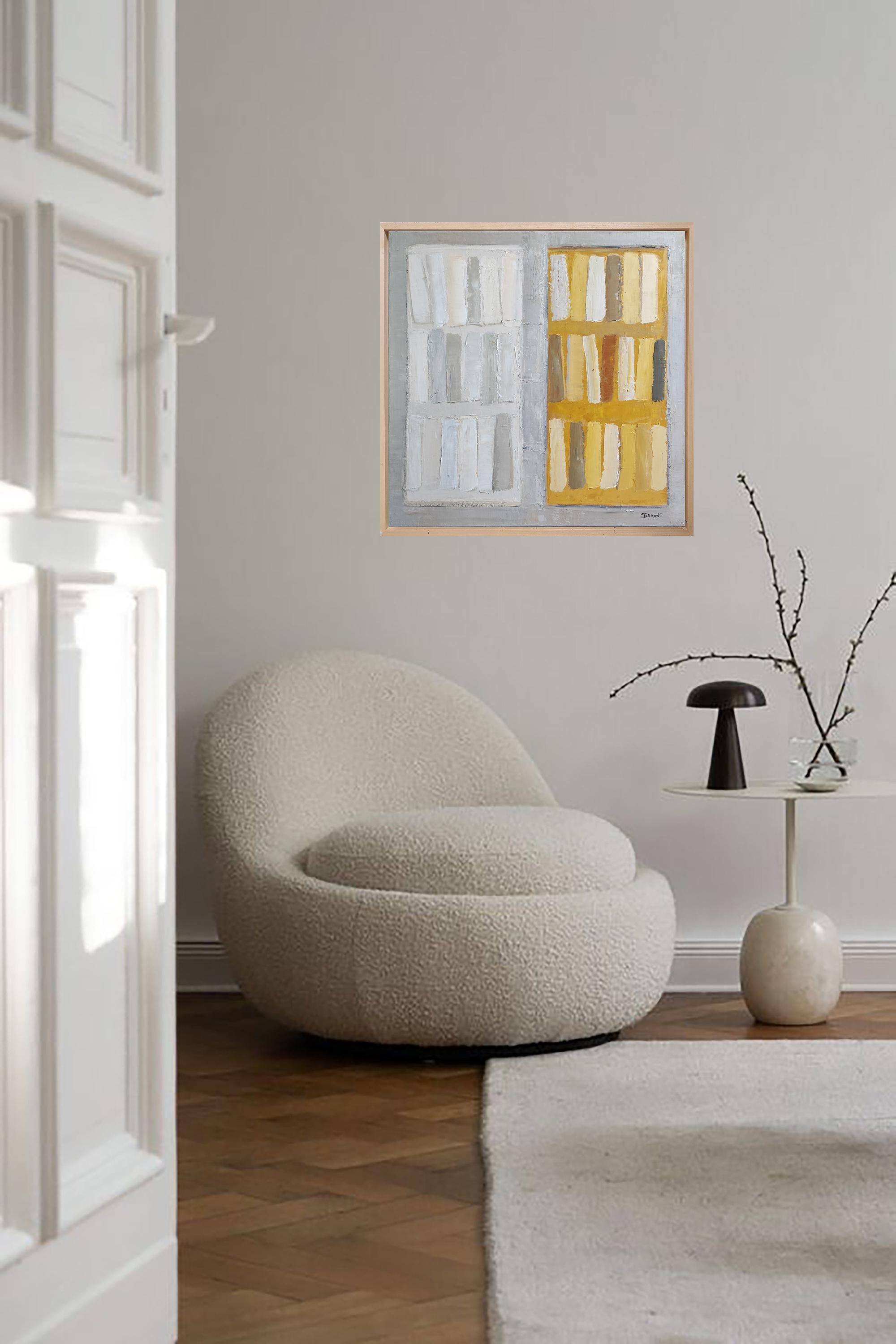 amarillo, abstrakte gelbe und weiße Bibliothek,  Expressionismus, geometrisch, modern im Angebot 1