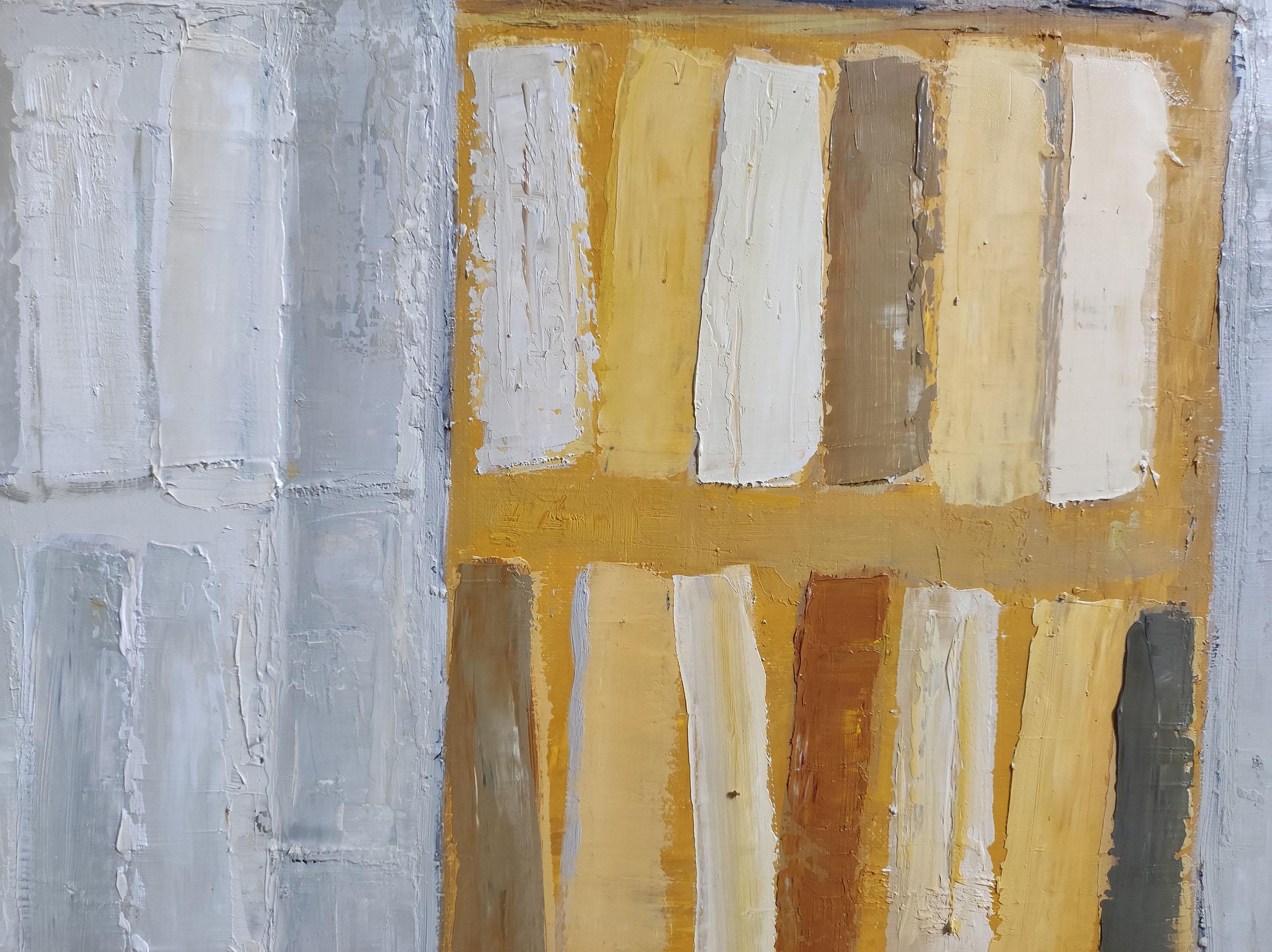 abstract, geometric painting of books in a library.
The colors are worked in a shades of yellow and white mixing warm and cold colors.
The library is a favorite subject of the artist who began his series in 2016 and is still relevant
Oil on canvas