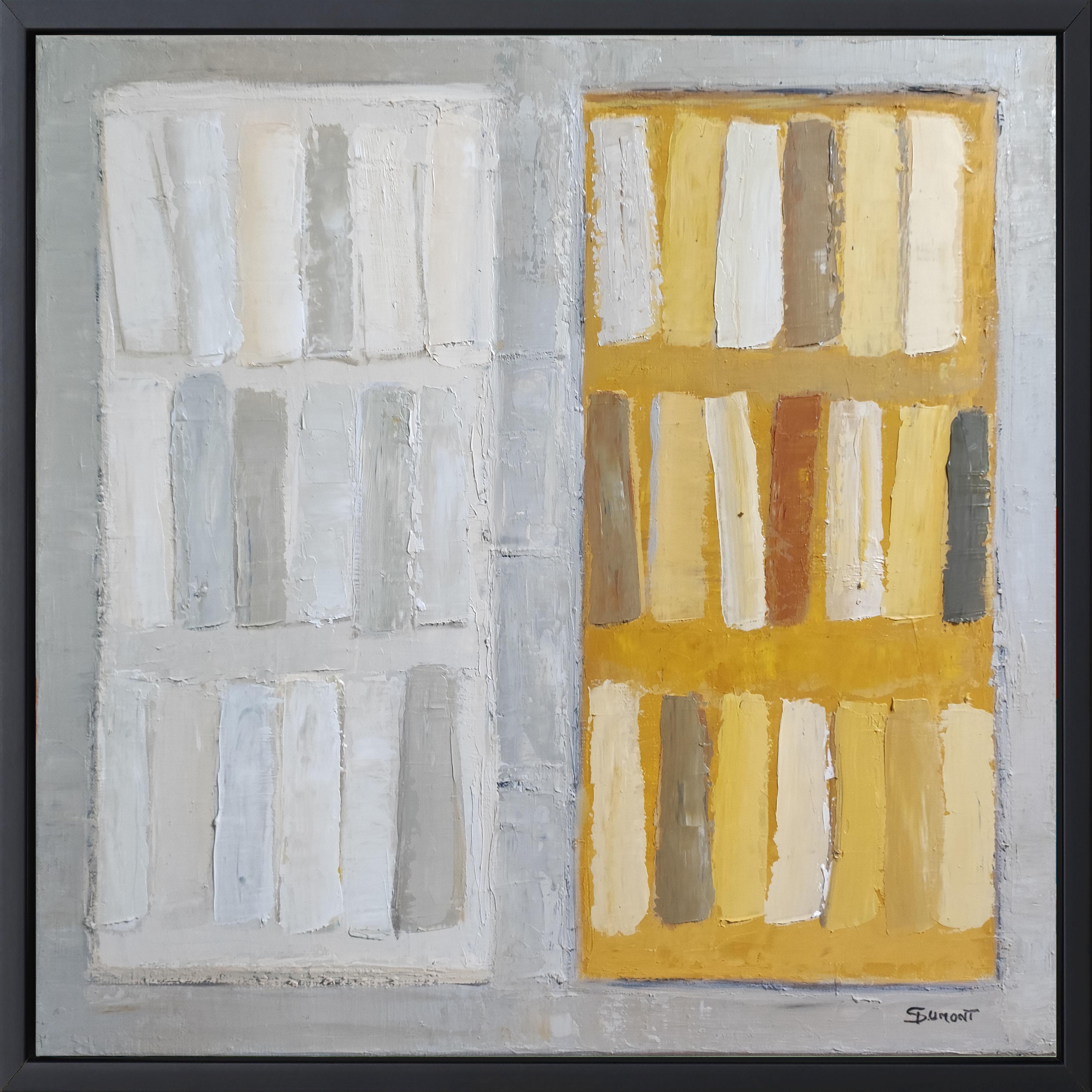 SOPHIE DUMONT Still-Life Painting – amarillo, abstrakte gelbe und weiße Bibliothek,  Expressionismus, geometrisch, modern